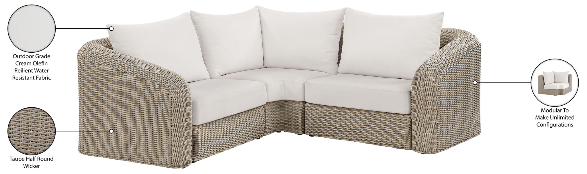 Seacrest - Olefin Water Resistant Fabric And Wicker 3 Piece Outdoor Patio Modular Sectional