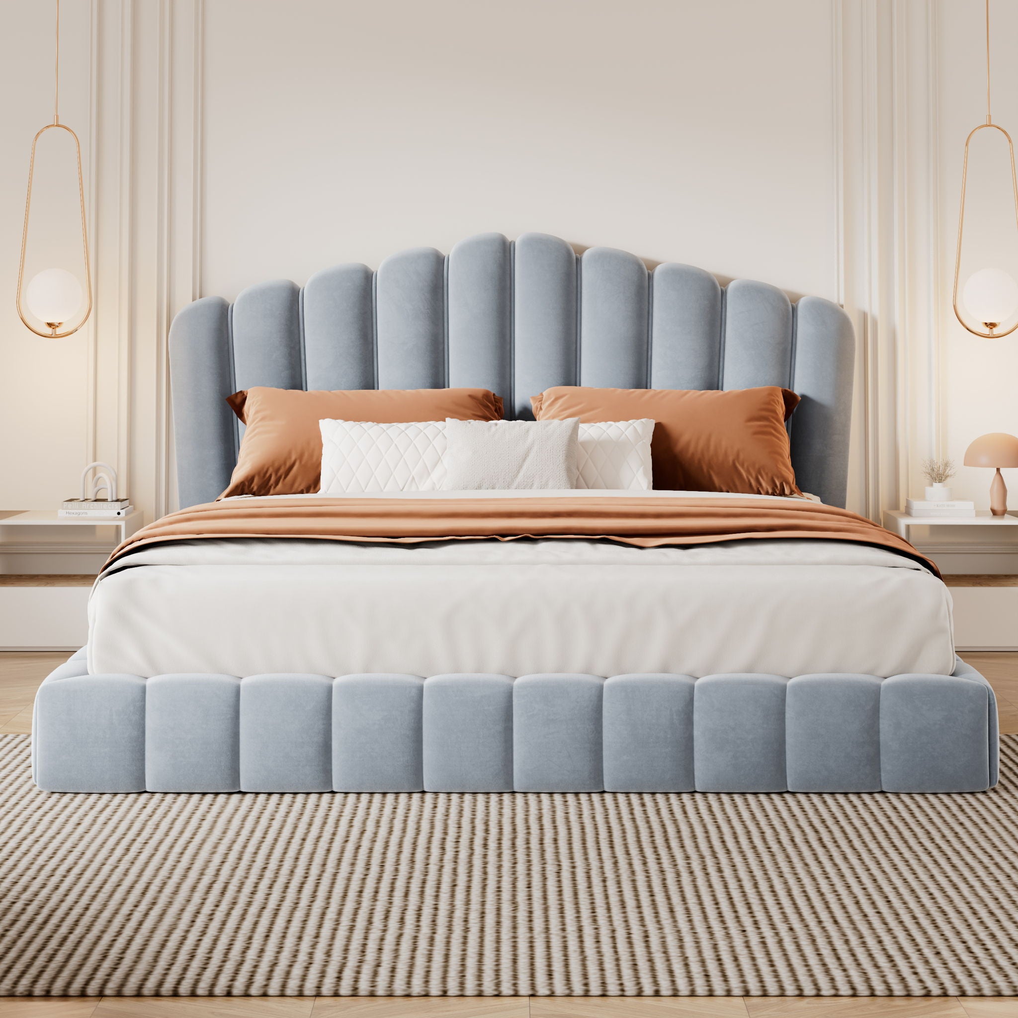Queen Upholstered Bed Frame With Shell Shaped Headboard - Light Blue - Light Blue