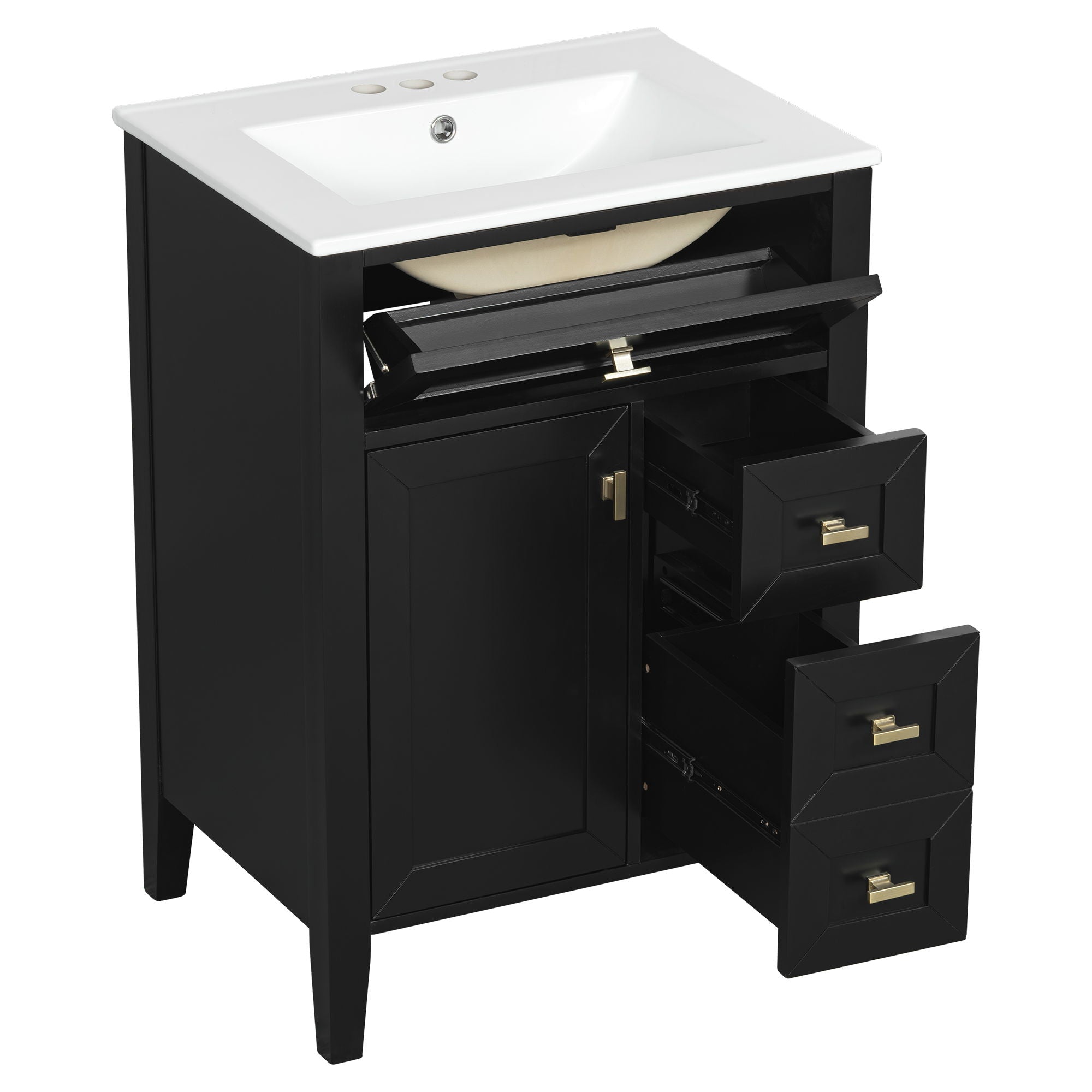 Bathroom Vanity With Sink, 3 Drawers & Cabinet With 2 Tier Door Storage Rack, Soft Close Doors & Drawers