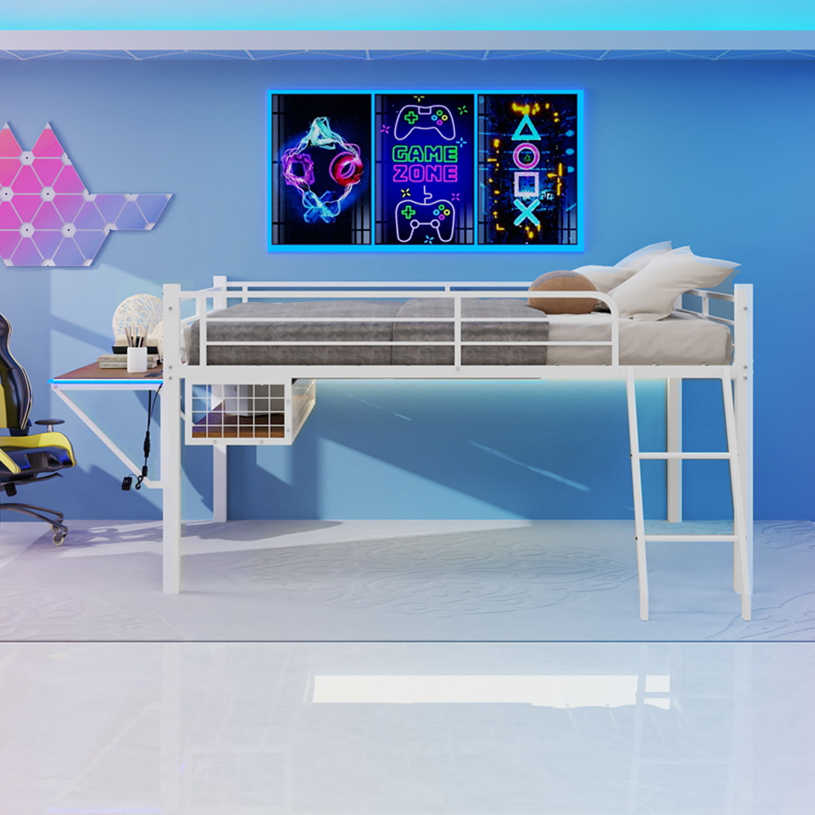 Loft Bed With Built In Desk, LED Light Strip