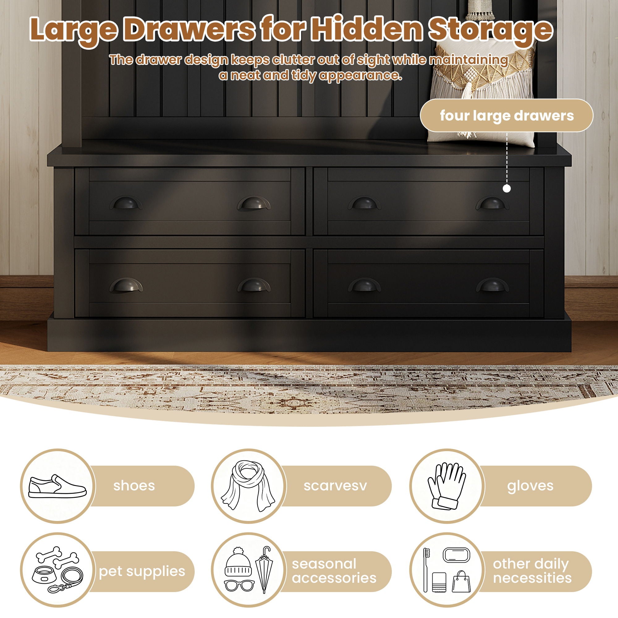 Hall Tree With 4 Drawers, Coat Rack With 6 Hooks