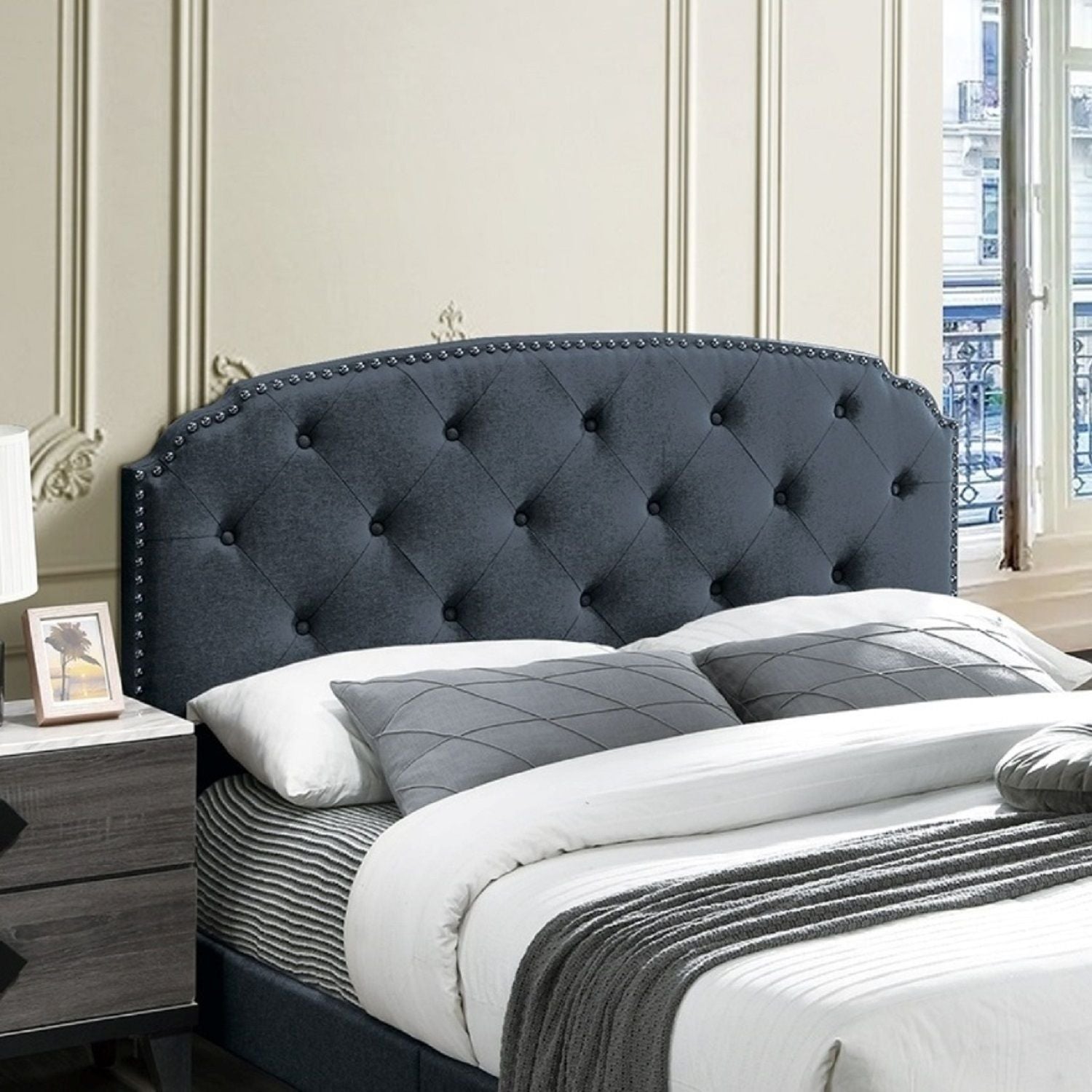 Button Tufted Bed With Nailhead Trim