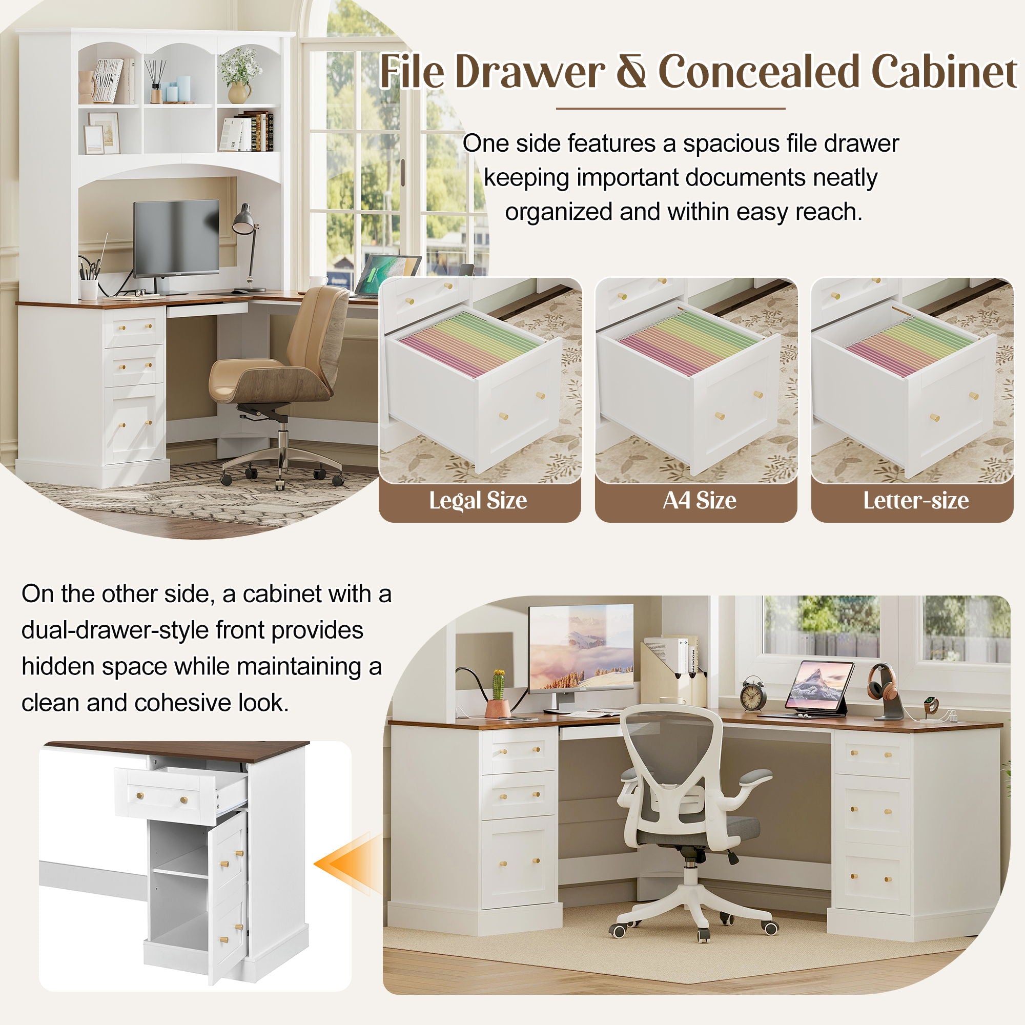 Space Saving L-Shaped Computer Desk With Keyboard Tray & Charging Stations