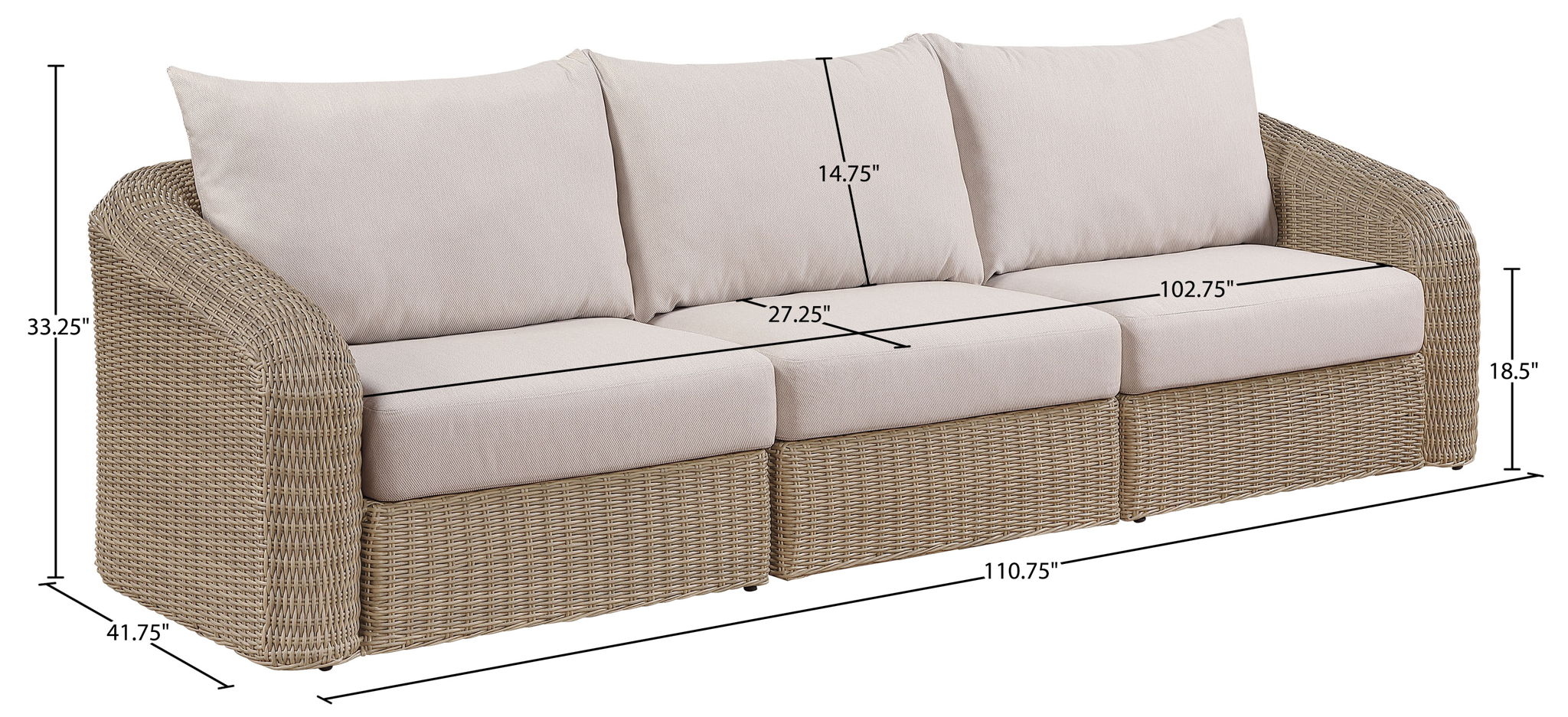 Seacrest - Olefin Water Resistant Fabric And Wicker 3 Piece Outdoor Patio Modular Sofa