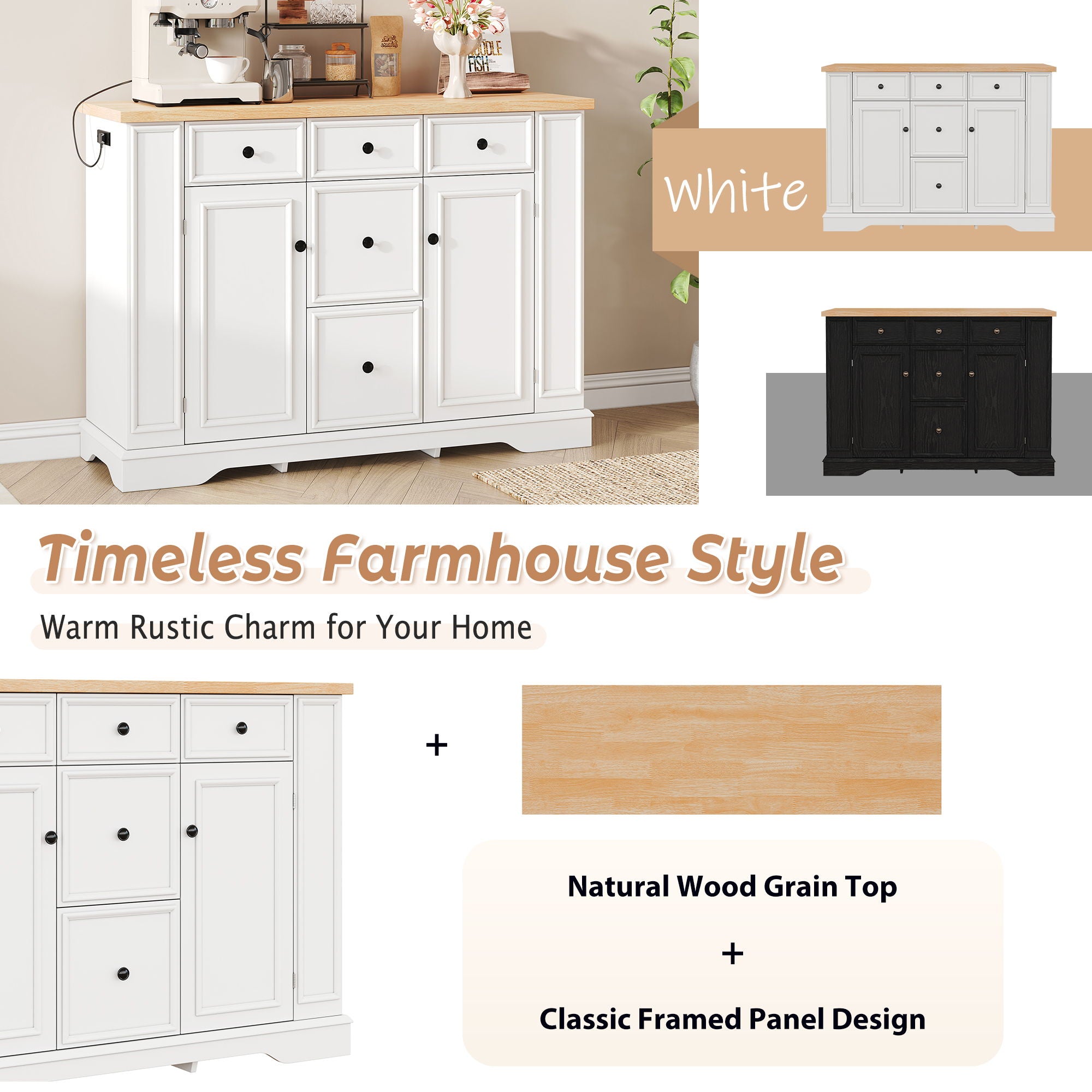Sideboard Buffet Cabinet With 5 Drawers, 2 Cabinets, Adjustable Shelves, Kitchen Console Table For Dining Room - White