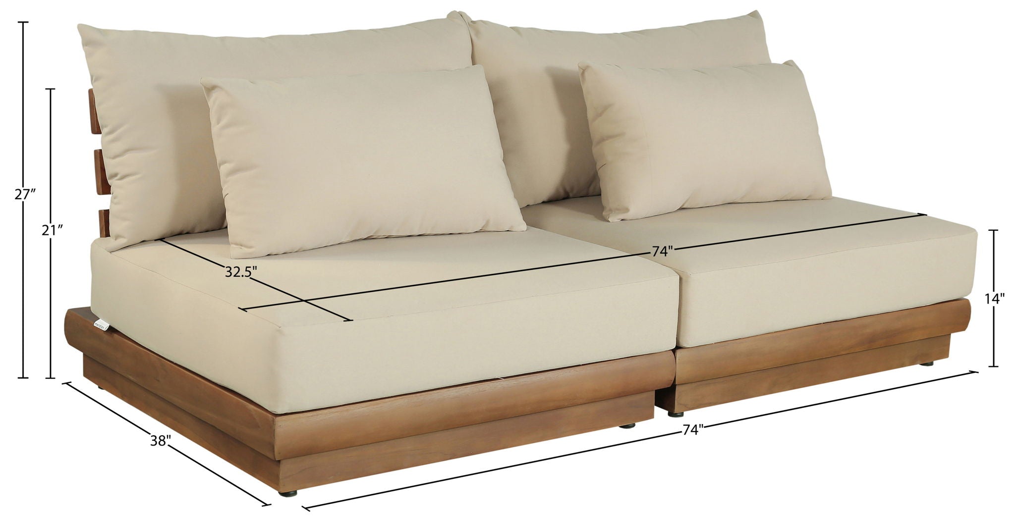 Mirella - 2 Piece Water Resistant Fabric 74" Upholstered Outdoor Patio Modular Armless Loveseat