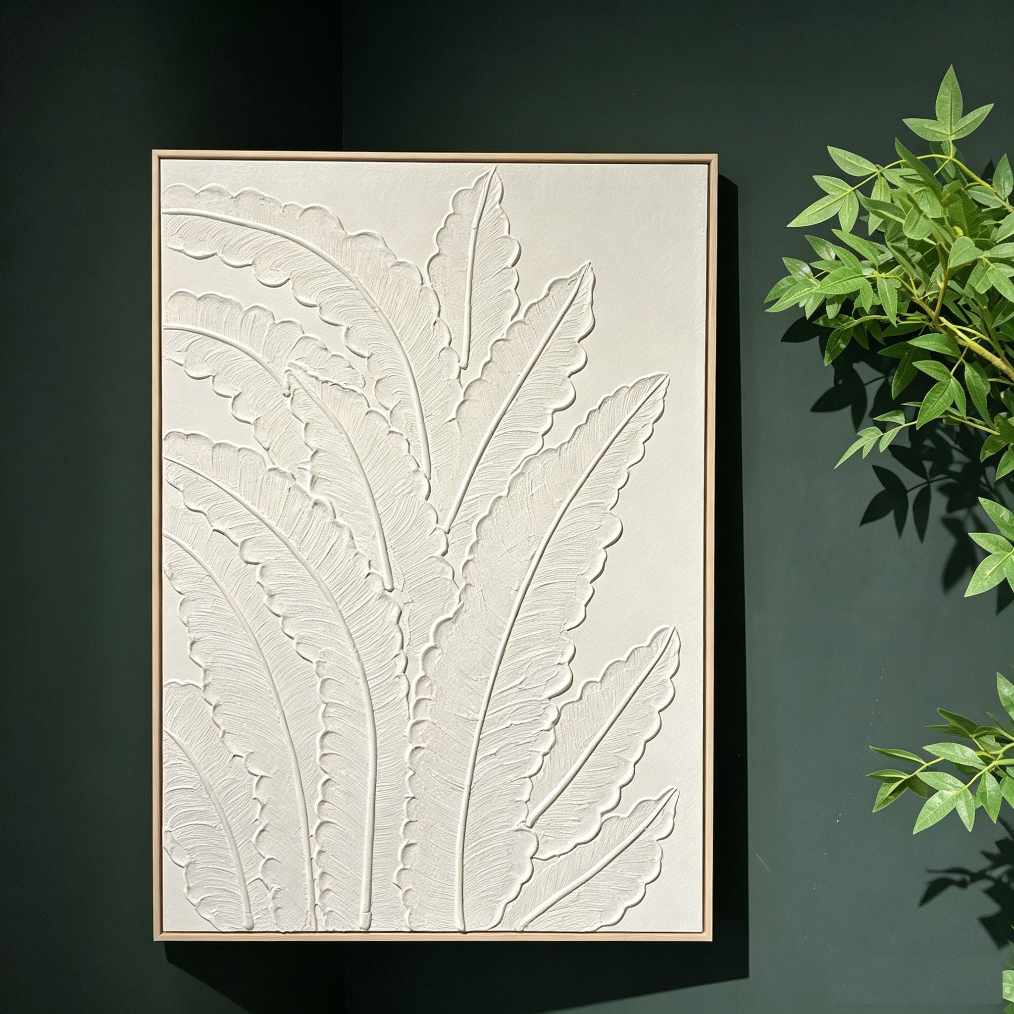 Framed Botanical Leaf Wall Art, Thick Textured Canvas Painting, Neutral Decor For Living Room - White