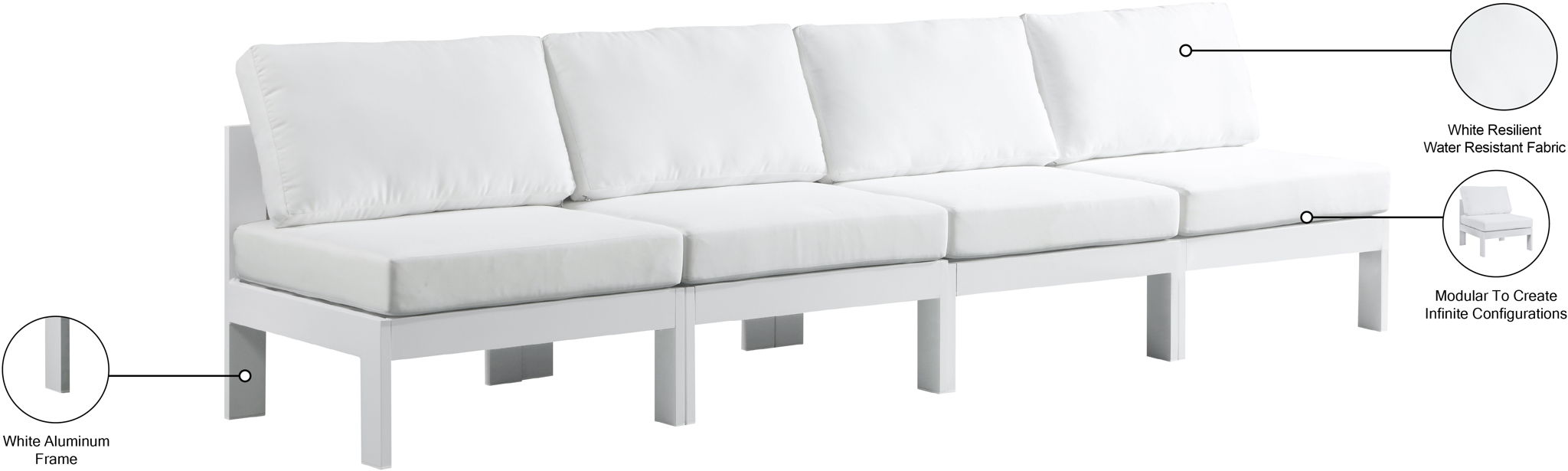 Nizuc - Outdoor Patio 4 Seat Armless Modular Sofa With White Frame
