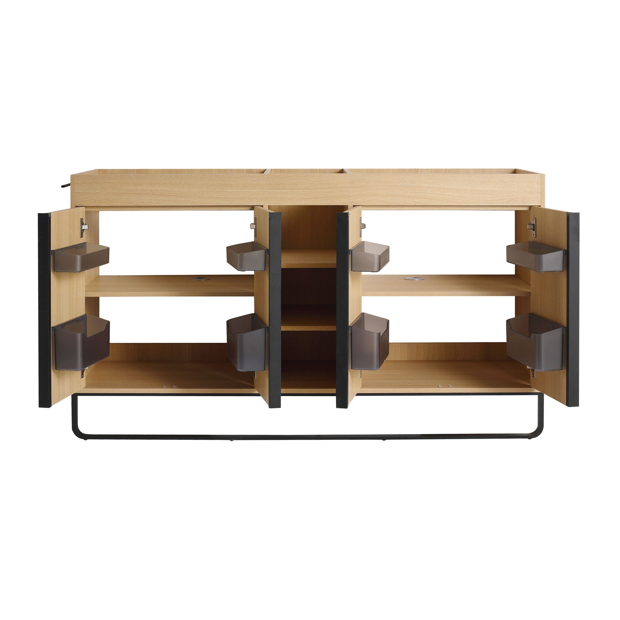 58" Freestanding Bathroom Cabinet With 4 Soft Close Doors & 3 Open Racks (Vanity Only, No Sink) - Oak