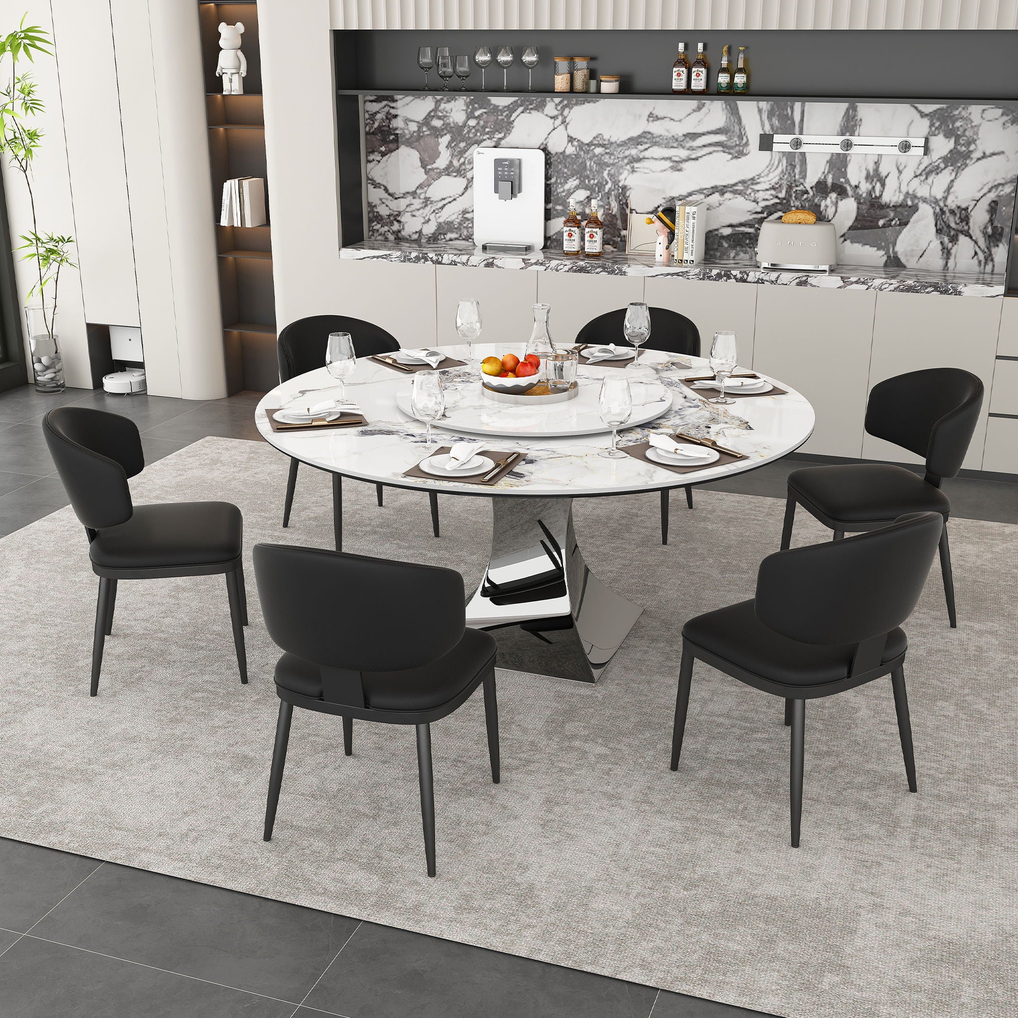 Round Dining Table & 6 Chairs Set - Silver