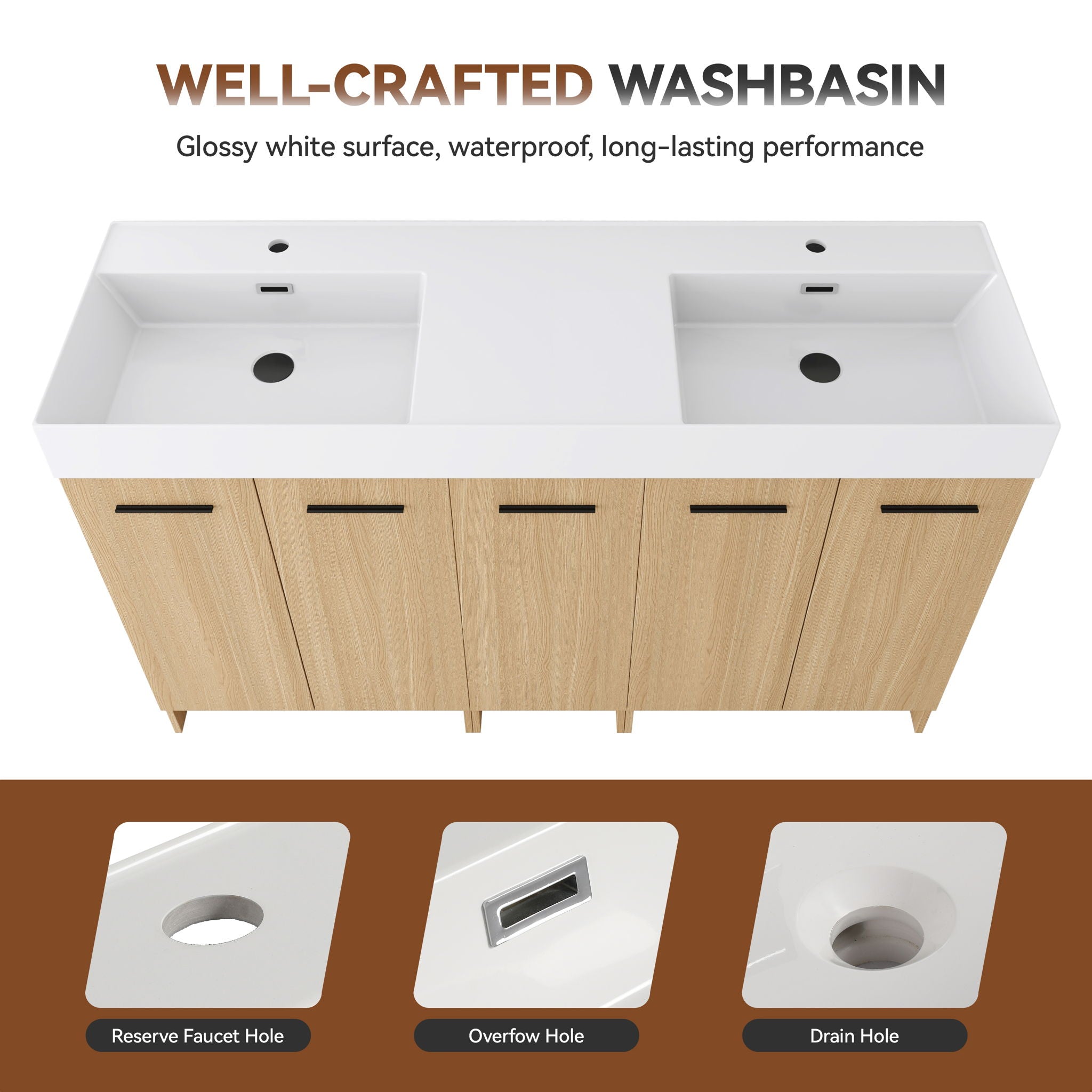 Double Sink Bathroom Vanity With Extra Large Storage, Integrated Sink, Freestanding Cabinet, Soft Close Doors - Glossy White / Light Oak