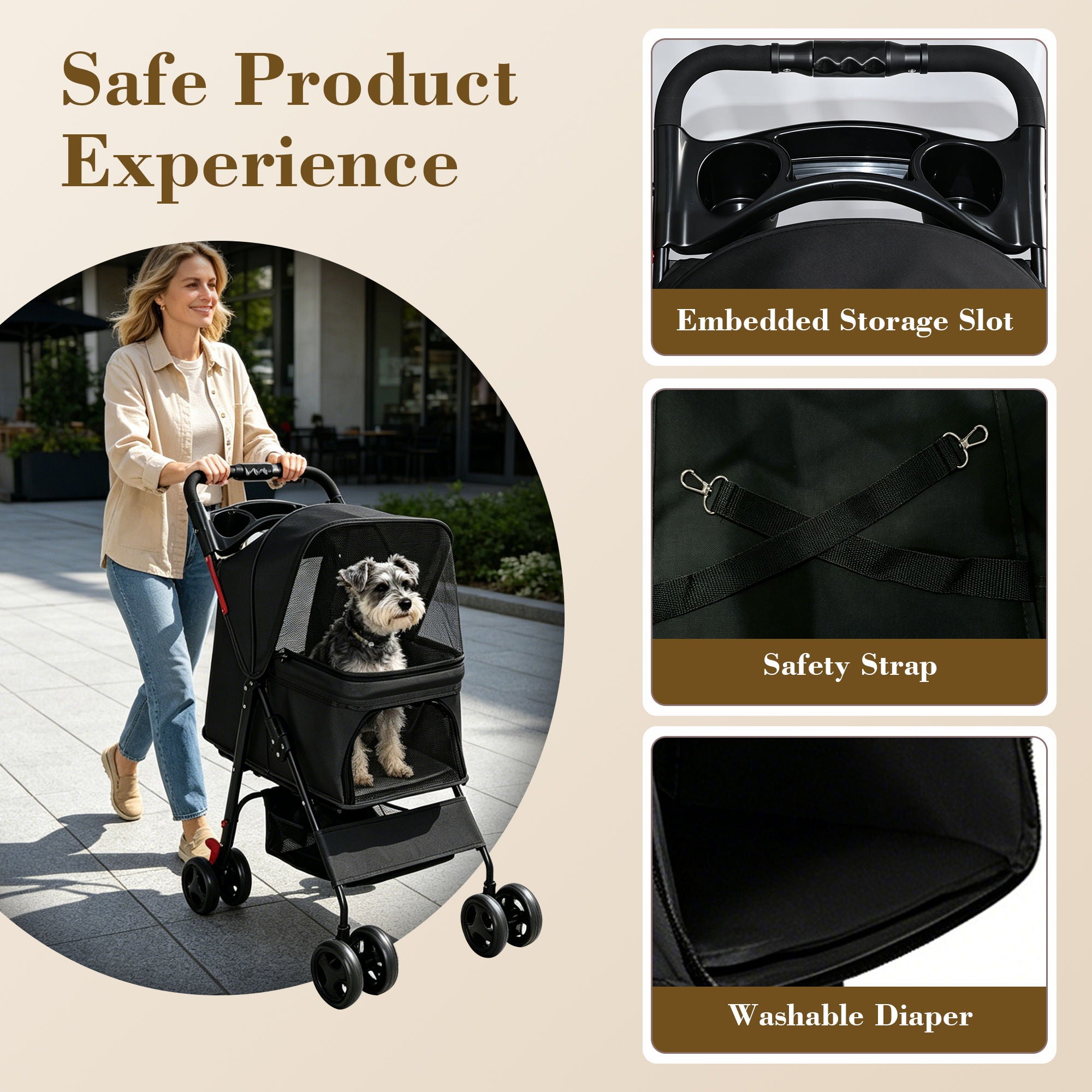 Foldable Pet Stroller For Small Dogs And Cats With Multi Functional Tray