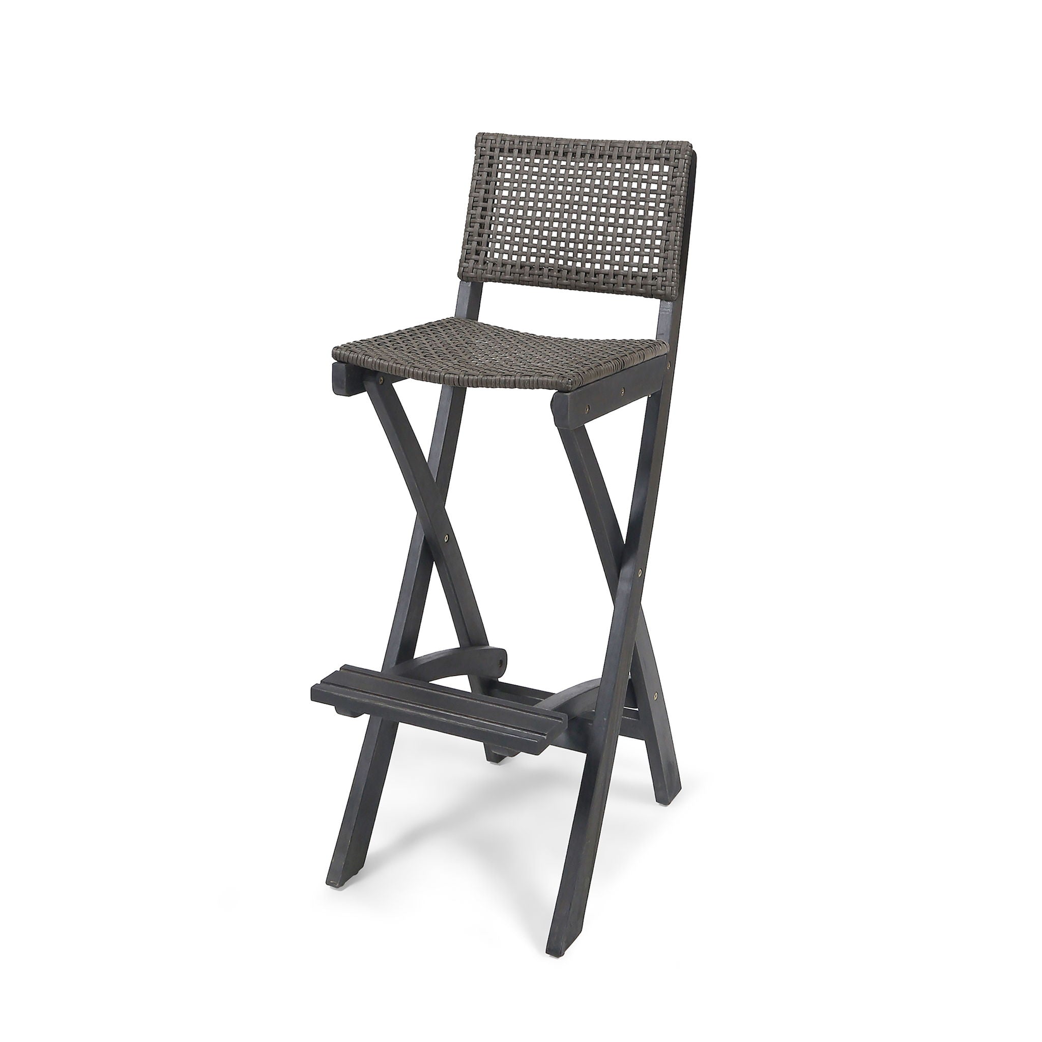 Outdoor Folding Acacia Wood Barstools With Rattan Backrest And Seat, (Set of 2) - Dark Gray