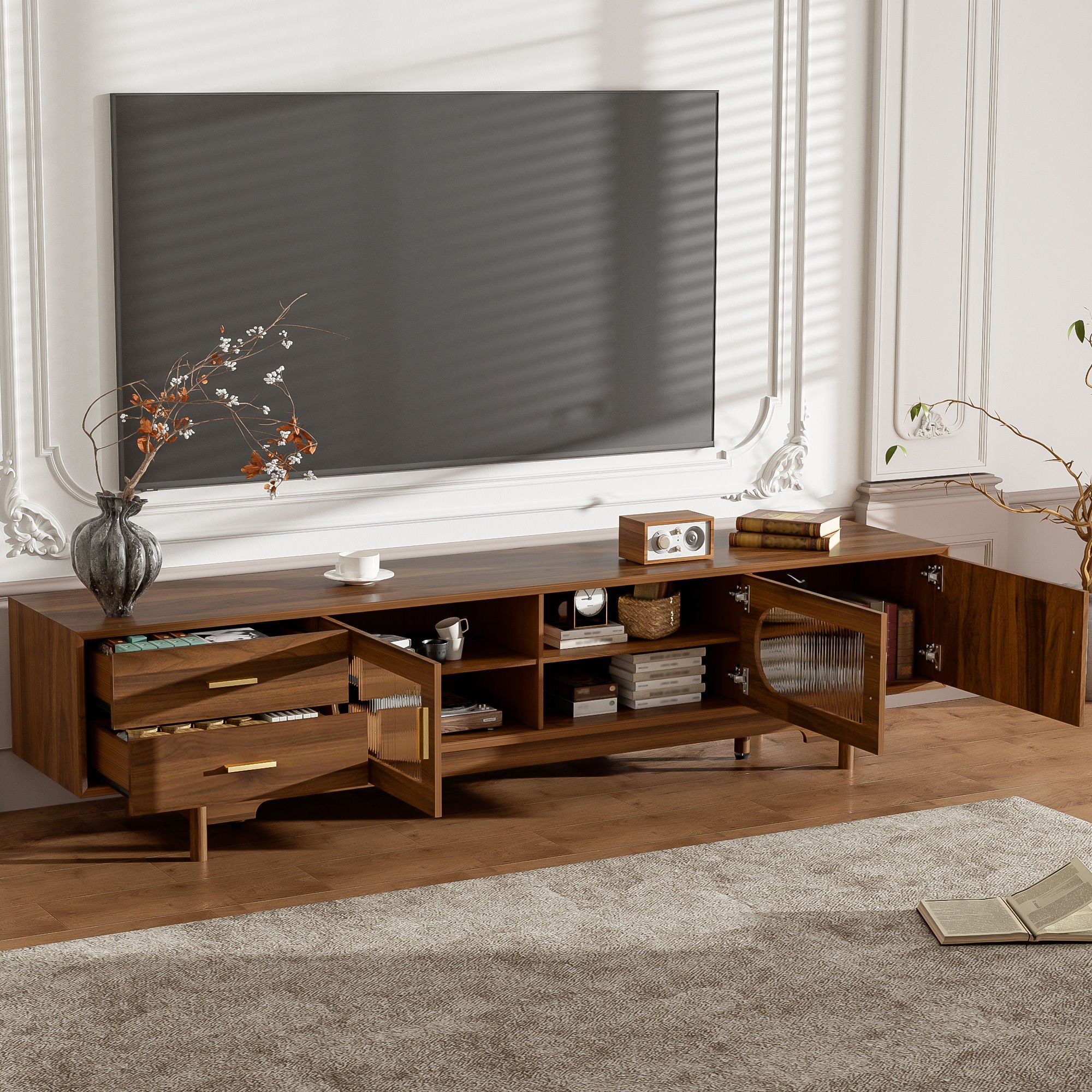 Modern TV Stand With Fluted Glass Doors & 2 Drawers