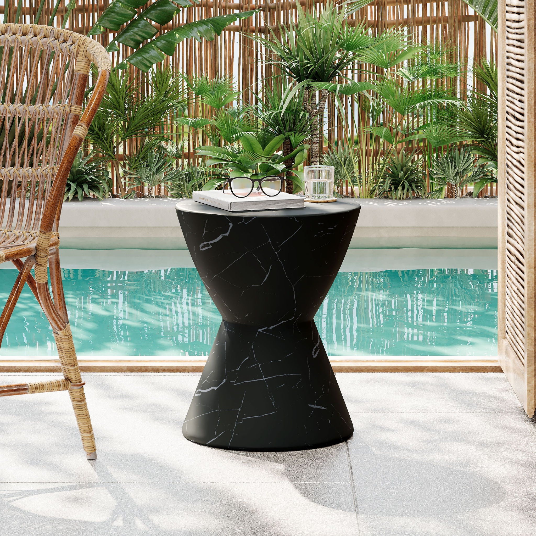 Outdoor Lightweight Concrete Side / End Table, Living Room Accent Table - Black Marble