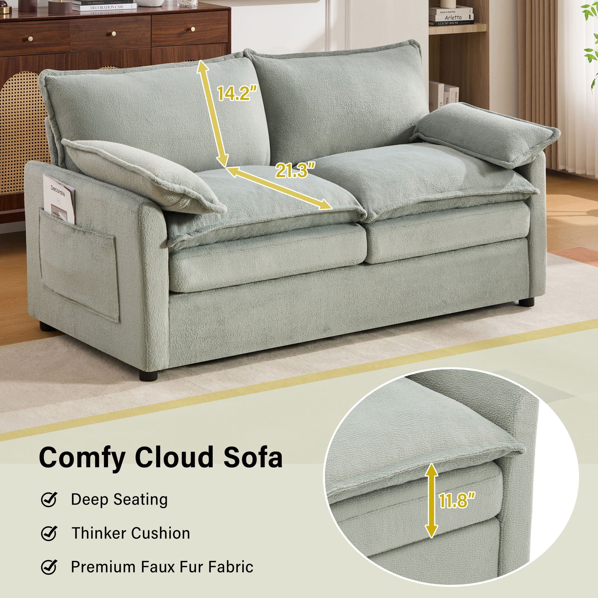 Modern Loveseat Sofa, Upholstered Couch With Side Storage Pockets