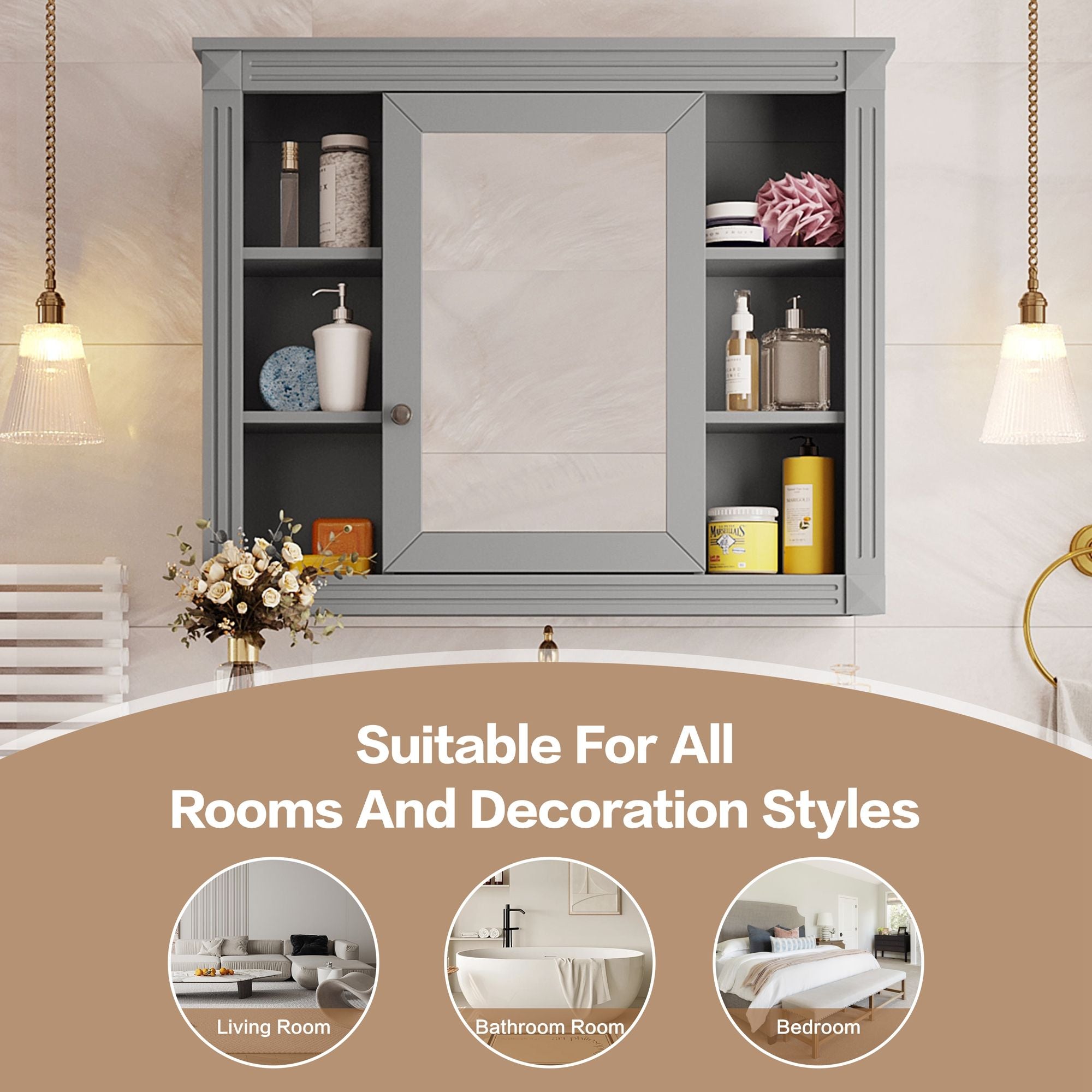 Wall Mounted Bathroom Storage Cabinet With Mirror, Cabinet With 6 Open Shelves And Adjustable Interior