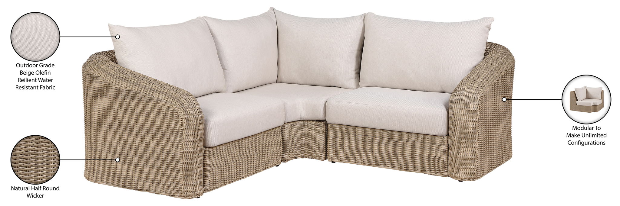 Seacrest - Olefin Water Resistant Fabric And Wicker 3 Piece Outdoor Patio Modular Sectional