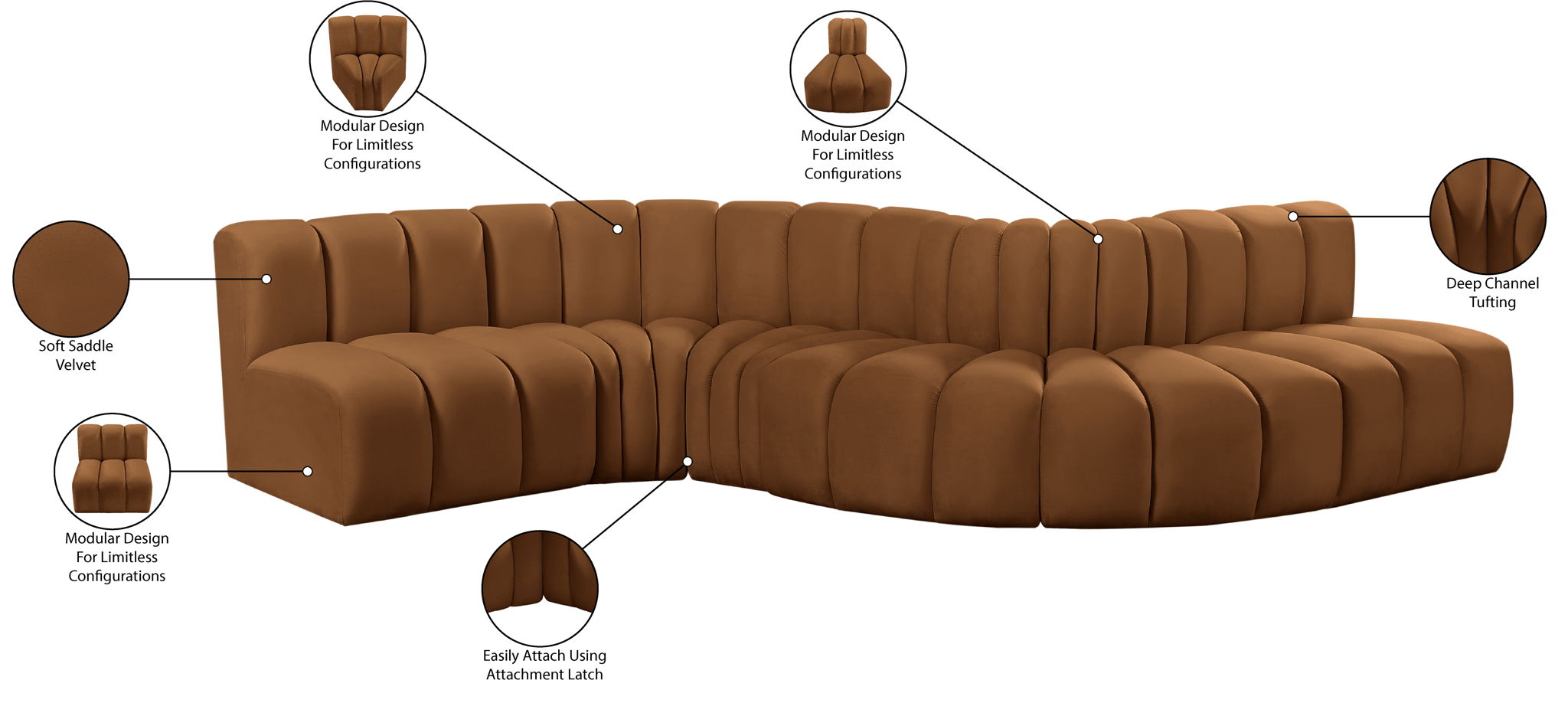 Arc - Velvet 6 Piece Curved Modular Sofa - Saddle