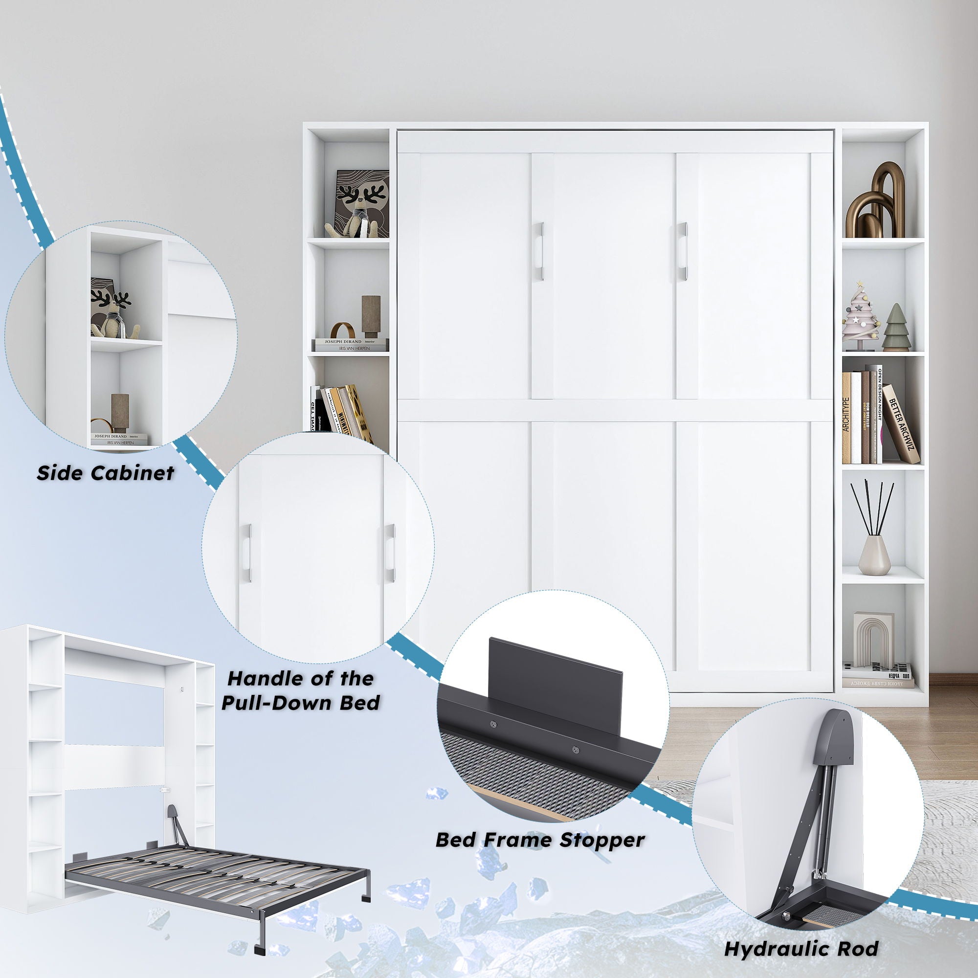 Queen Murphy Bed With Storage Cabinet, Foldable Wall Bed For Bedrooms - White