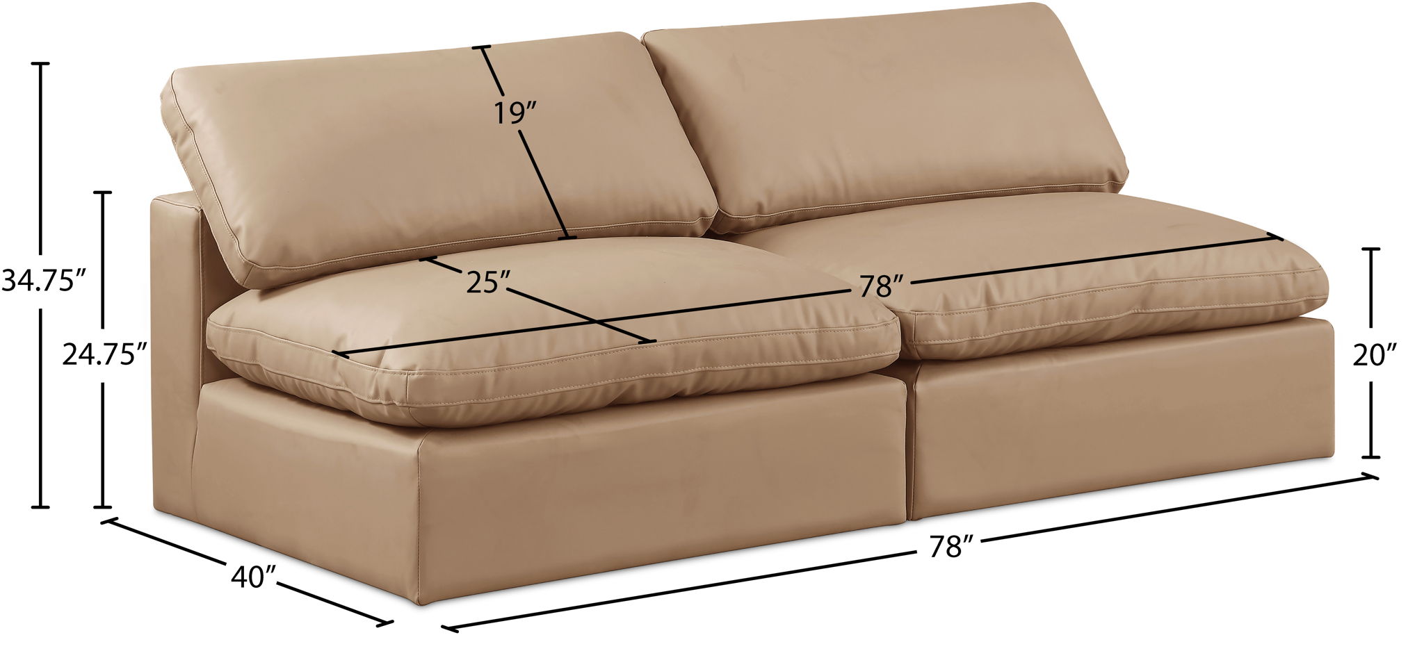 Comfy - Faux Leather Modular Armless Sofa 2 Pieces - Light Brown