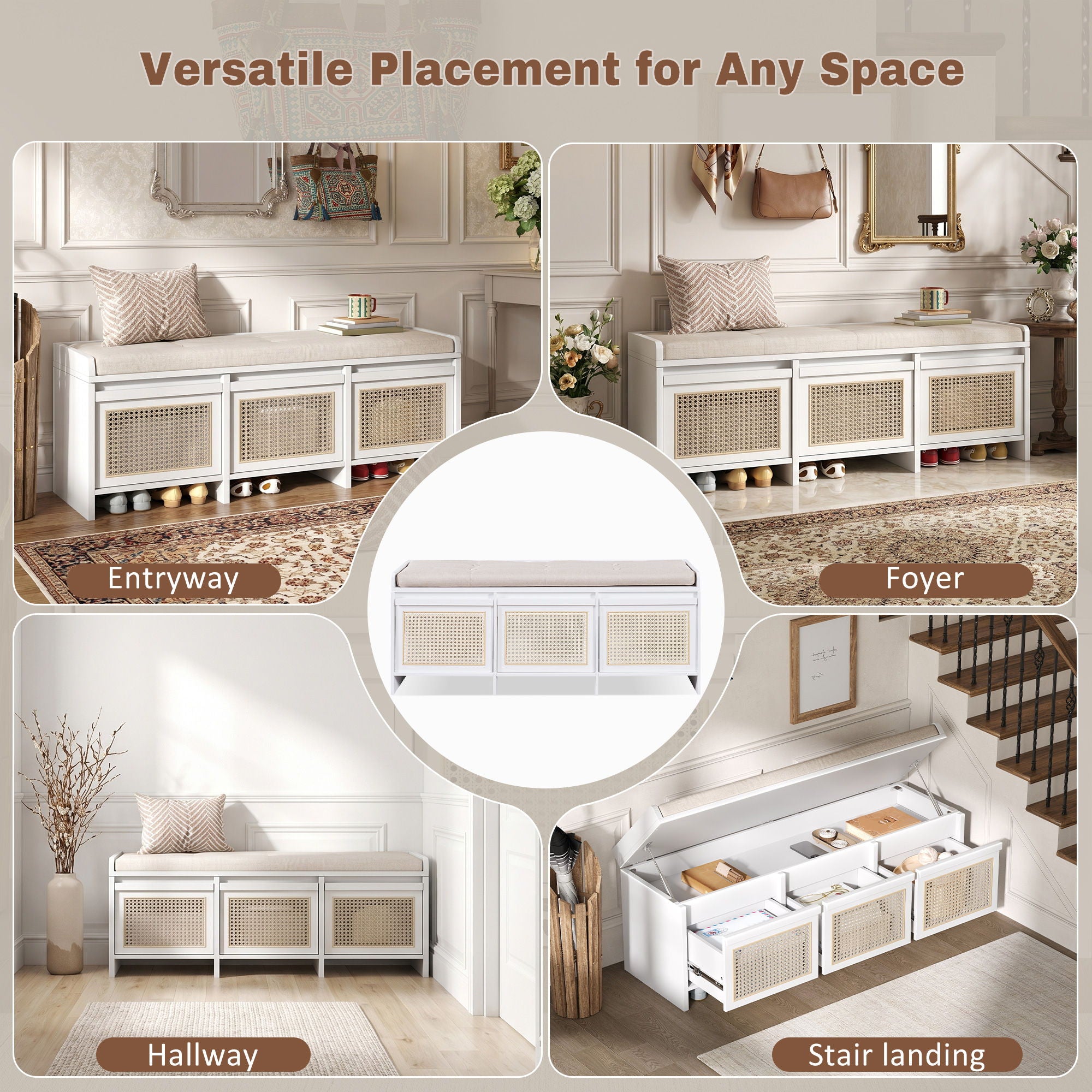 Entryway Shoe Bench With Drawers & Button Tufted Cushion