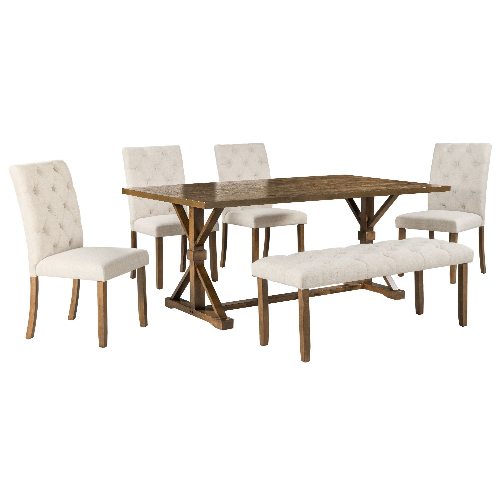 6 Piece Dining Table Set With Rectangular Wood Table, 4 Upholstered Chairs, Bench