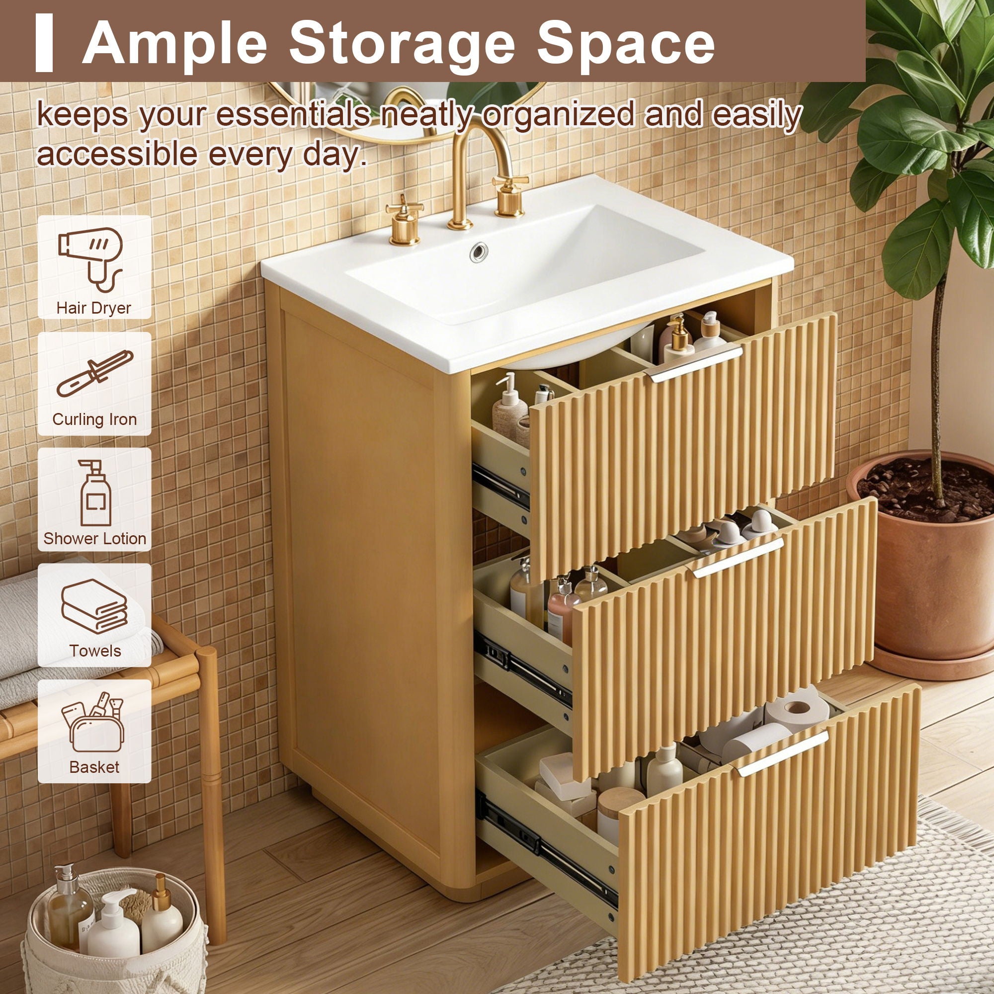 Bathroom Vanity With Sink, Open Shelf & Closed Storage - Natural Wood
