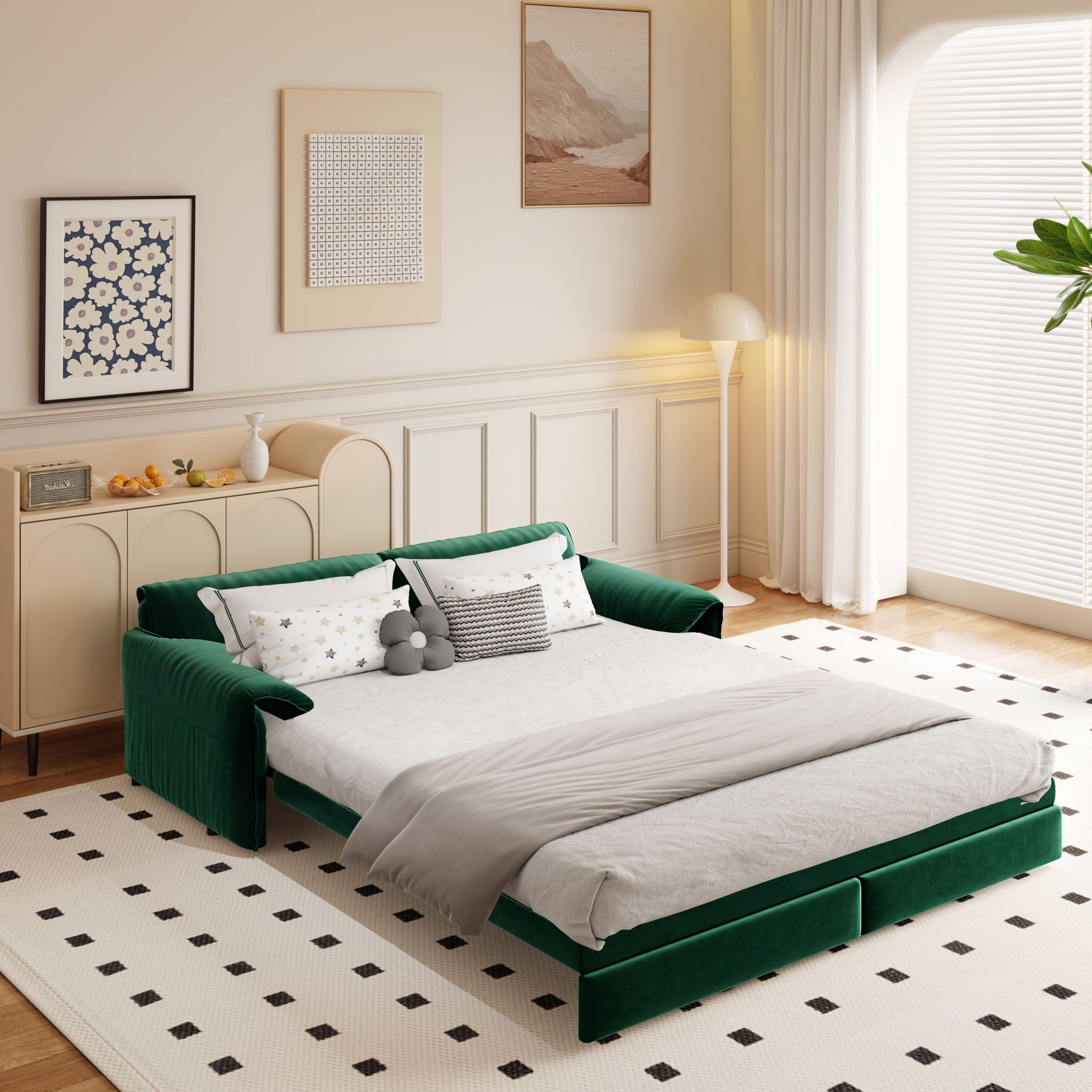 Queen Pull Out 3 In 1 Convertible Sleeper Sofa With Side Storage