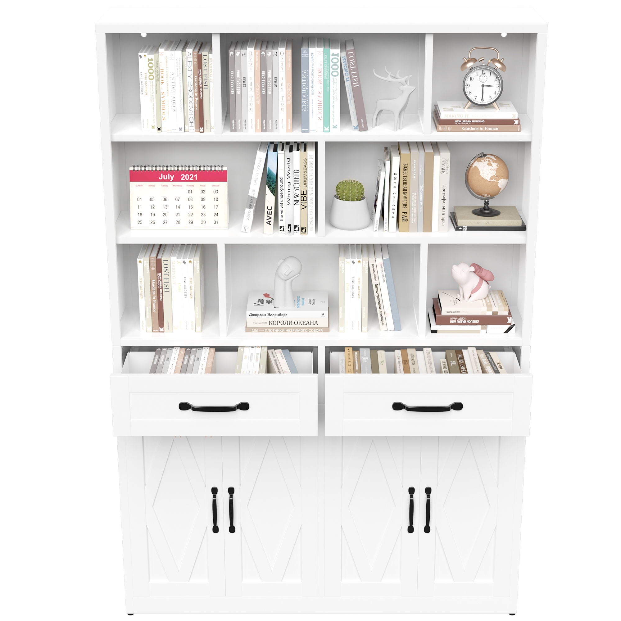 Bookcase Tall With 2 Doors & 2 Drawers, Fixed Open Shelves - White
