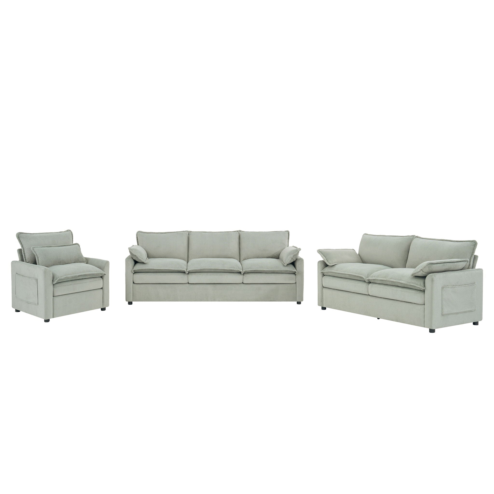 Modern Sofa Set With Double Layer Cushion And Side Storage Pockets