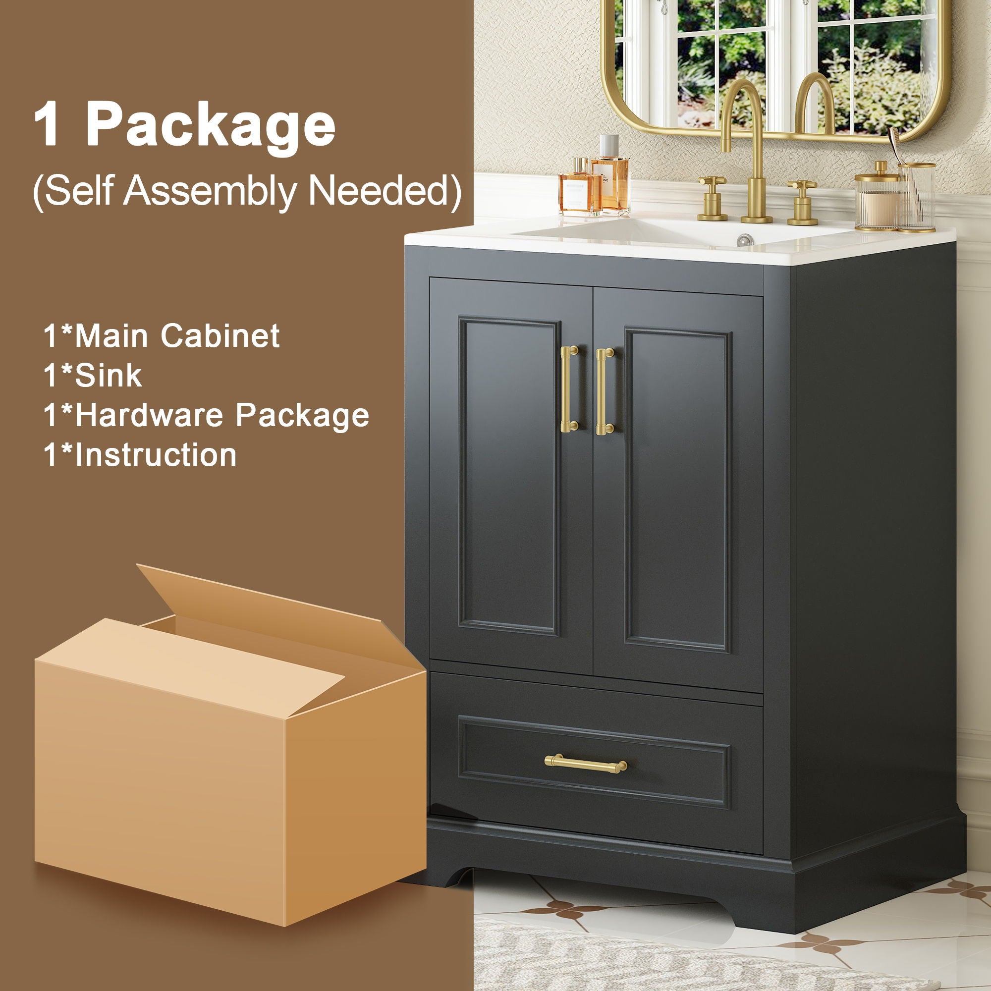 Bathroom Vanity With Sink, 1 Divided Drawer And 2 Soft Close Doors With Double Shelf