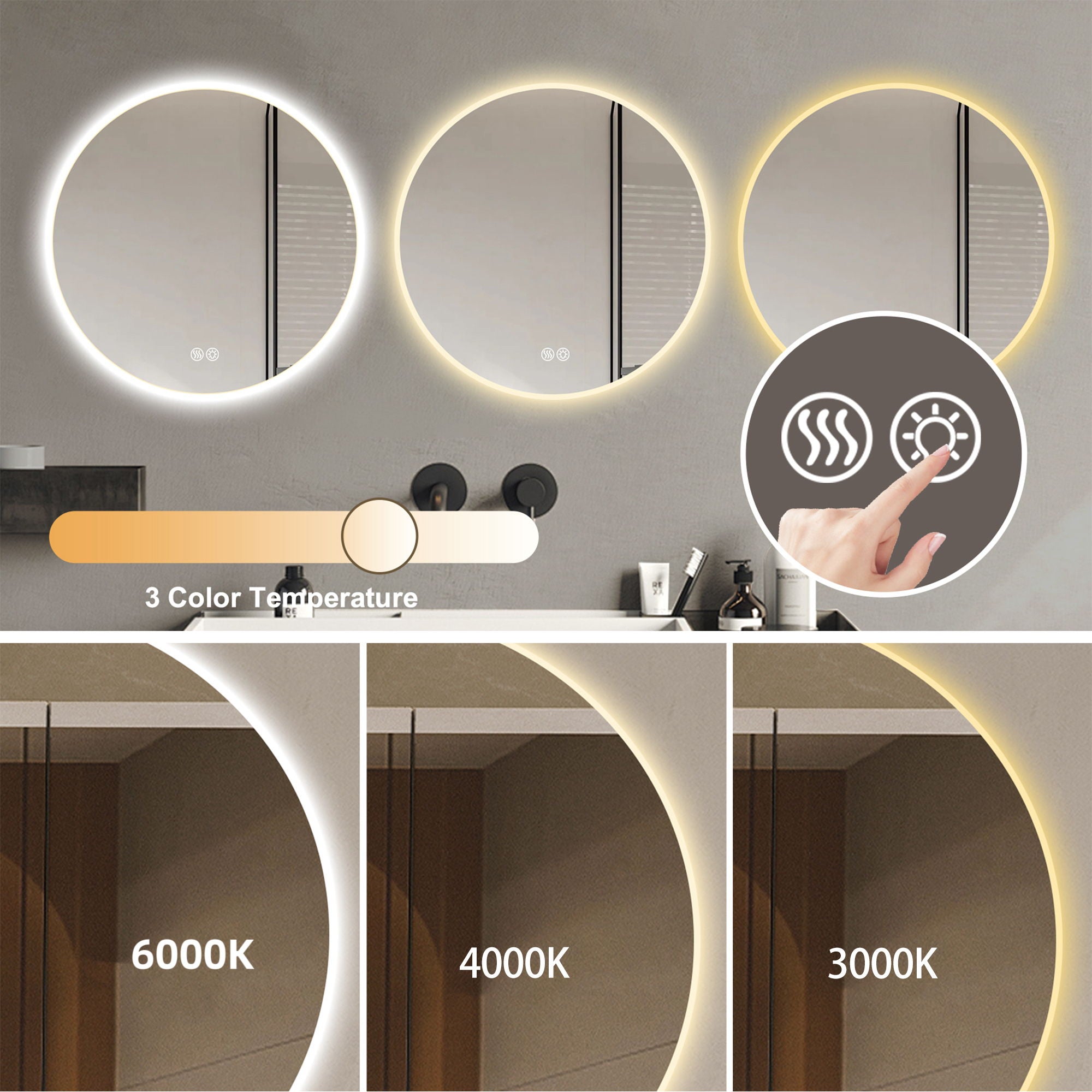 Round LED Bathroom Mirror With Adjustable Lights, Anti Fog & Dimmable For Home Decor - Silver