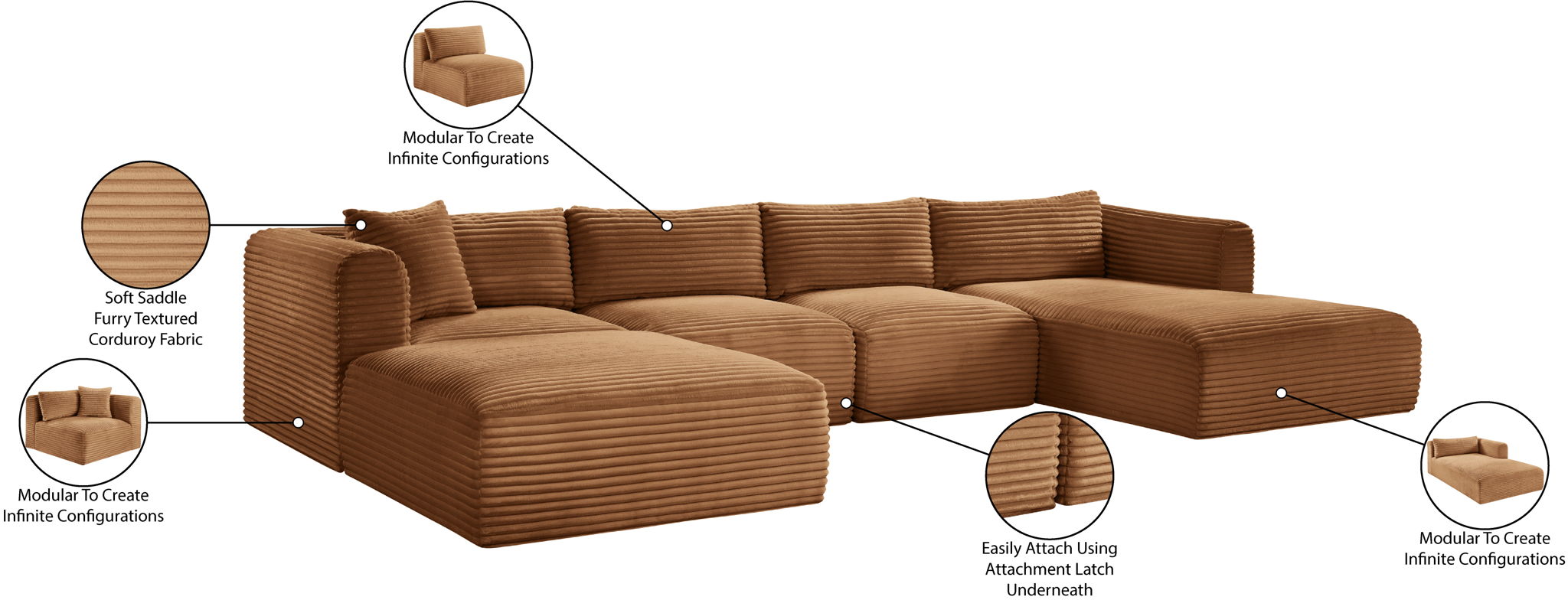 Shaggy - Fabric 5 Piece Modular Sectional With Chaise And Ottoman