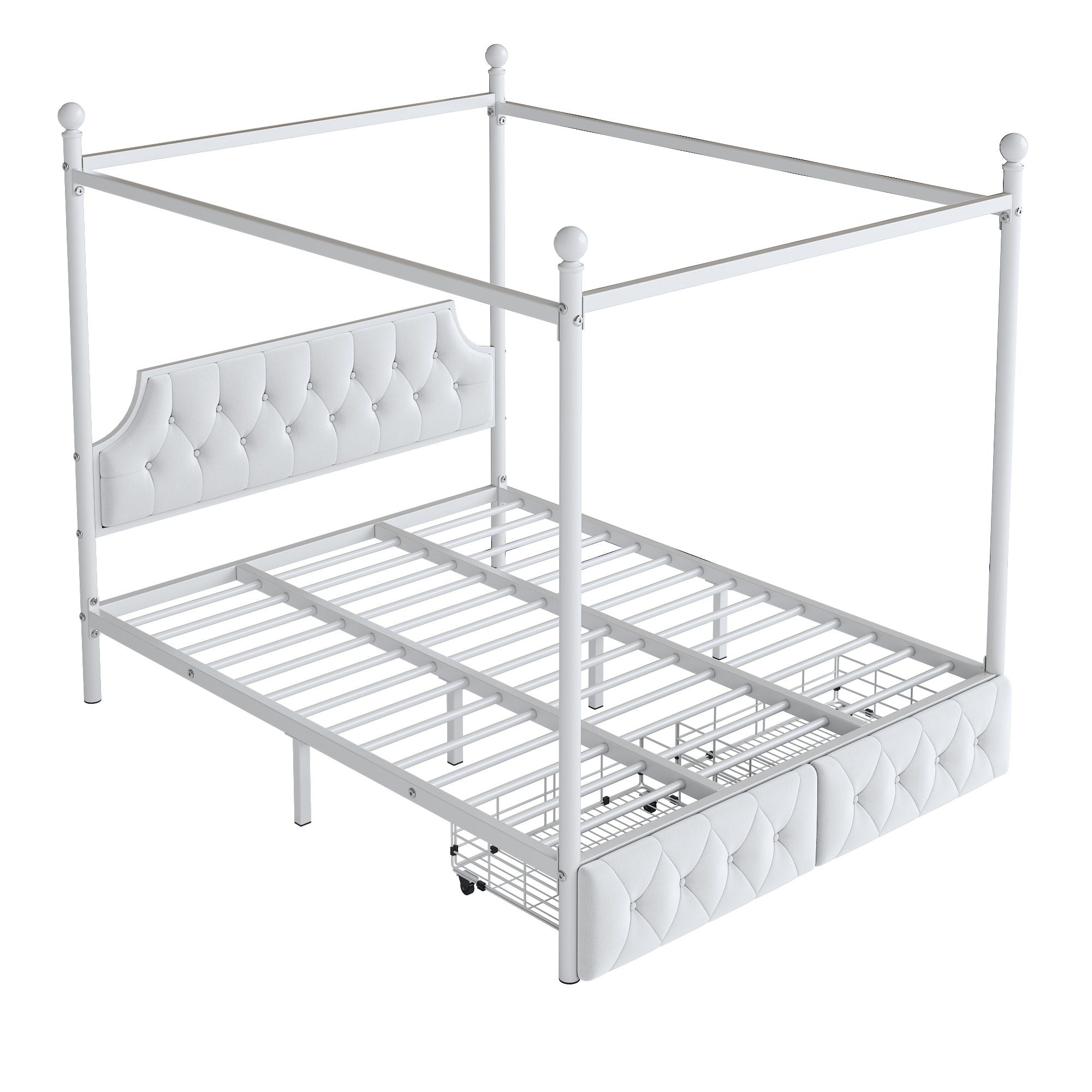 Queen Size Canopy Platform Bed With Upholstered Headboard And 2 Storage Drawers - White