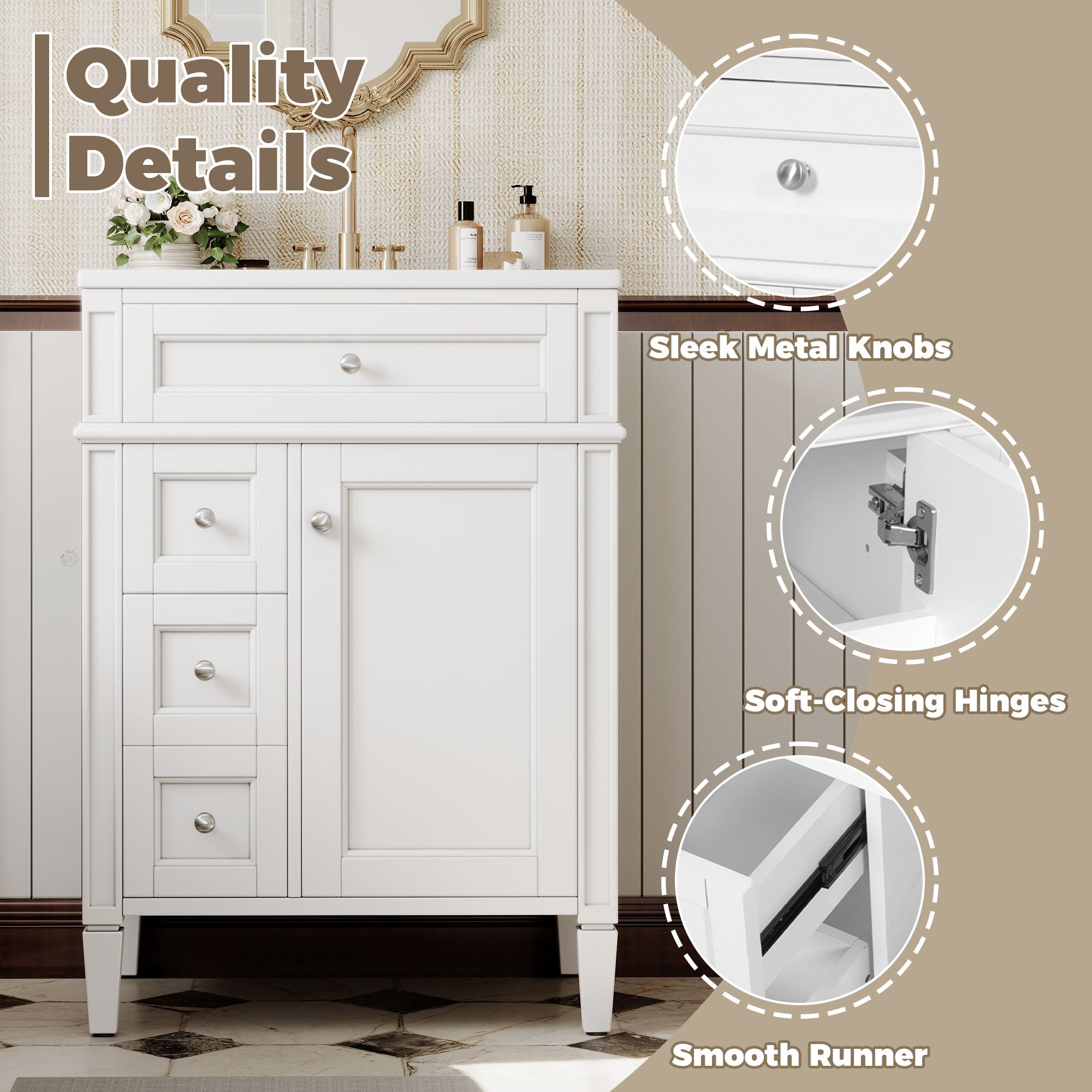 Bathroom Vanity With Top Sink, Storage Cabinet With 2 Drawers And Tip-Out Drawer