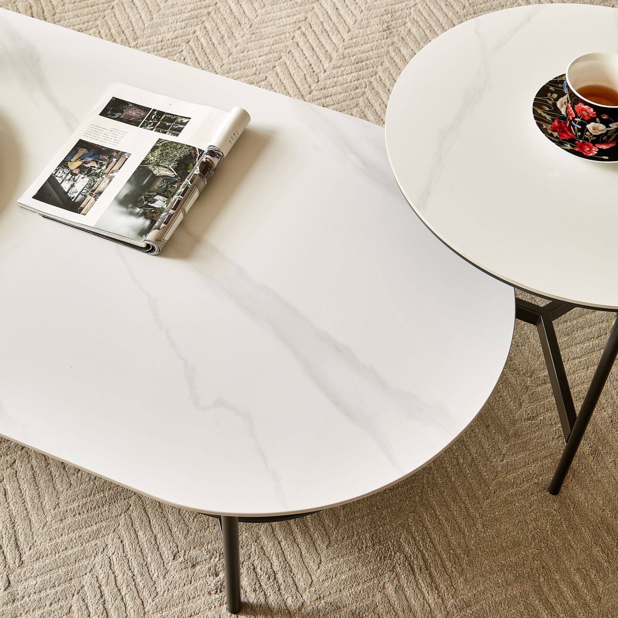 Contemporary Coffee Table Sintered Stone Surface With Ceramic Finish Double Layer Design Base Matte Shelf Modern Living Room Center Table - White / Gray