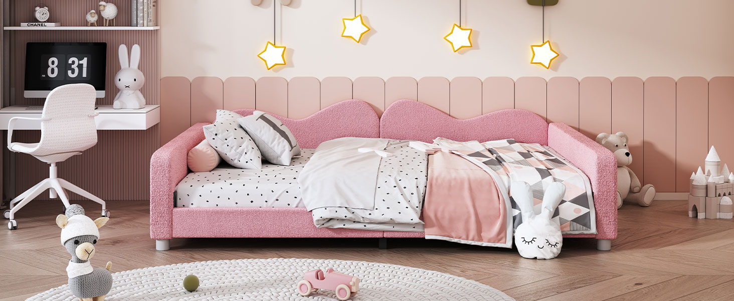 Upholstered Daybed, Sherpa Fabric Sofabed With Cloud-Shaped Backrest