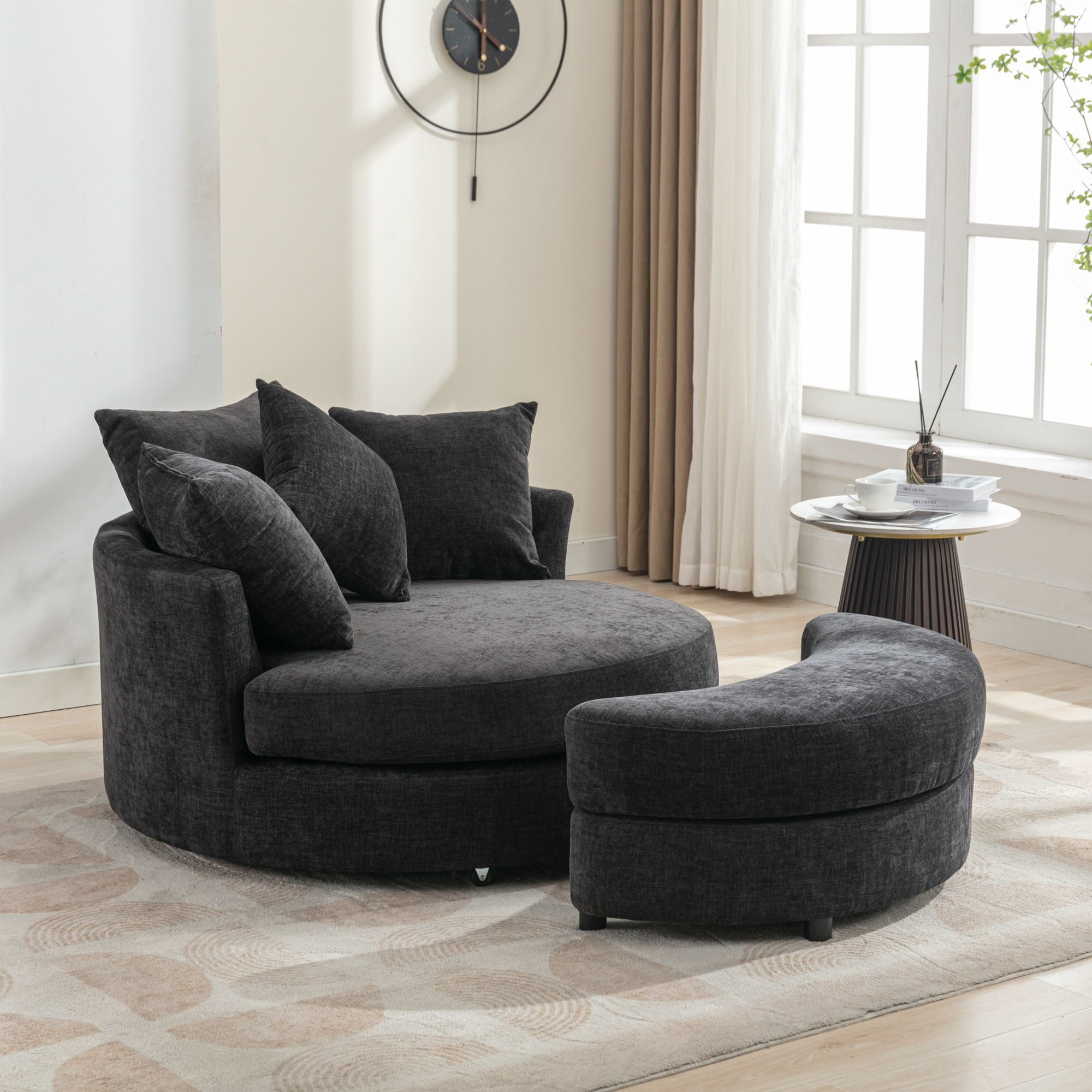 360° Swivel Accent Barrel Chair With Storage Ottoman & 4 Pillows, Modern Leisure Chair Round Accent For Living Room