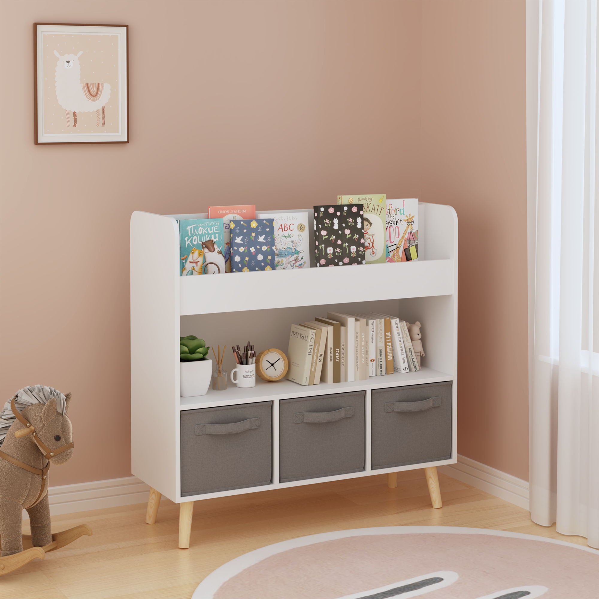 Bookshelf With 3 Bins, Storage Shelf For Toys And Books