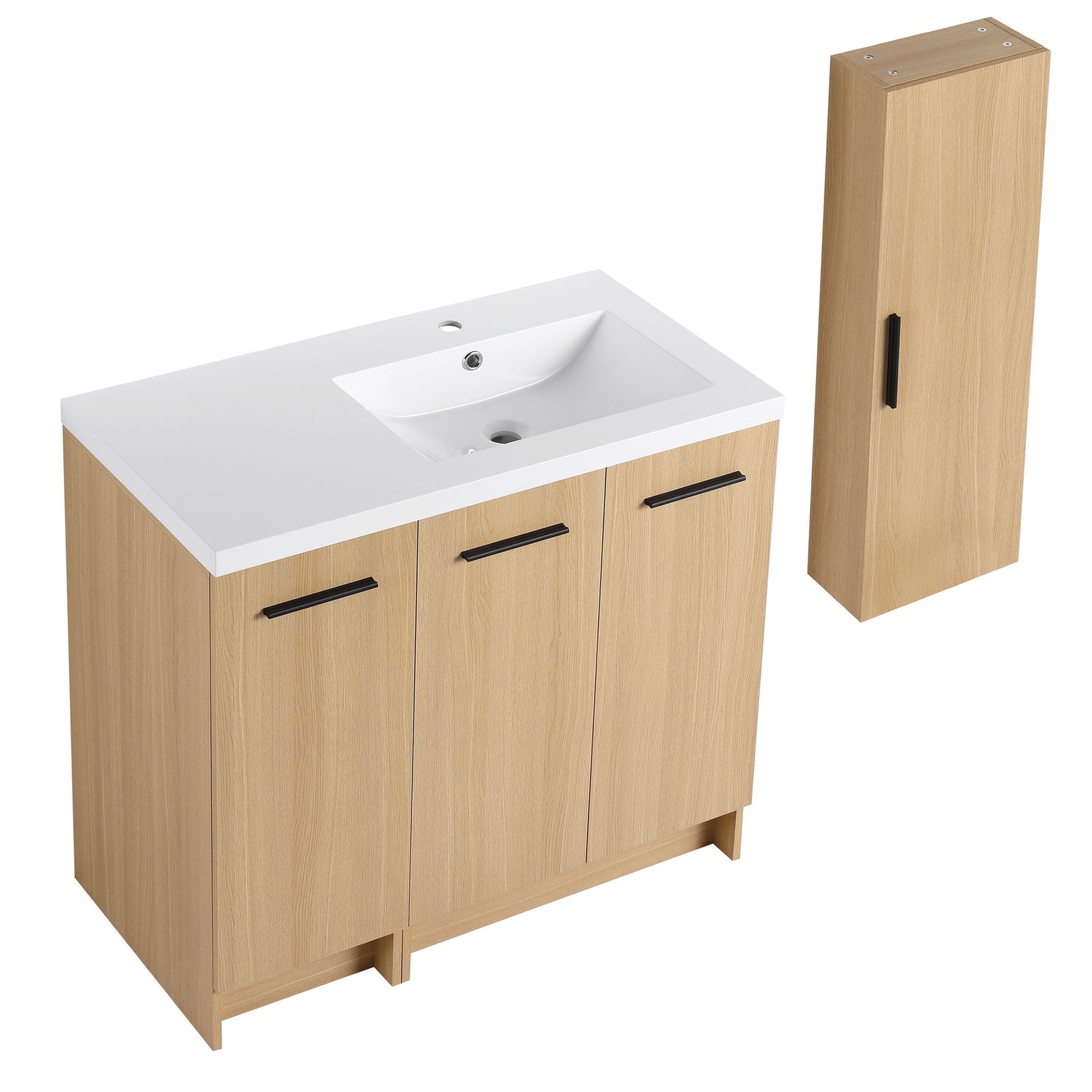 Freestanding Bathroom Vanity Set With Tall Linen Cabinet, 3 Door Storage Cabinet, Single Sink