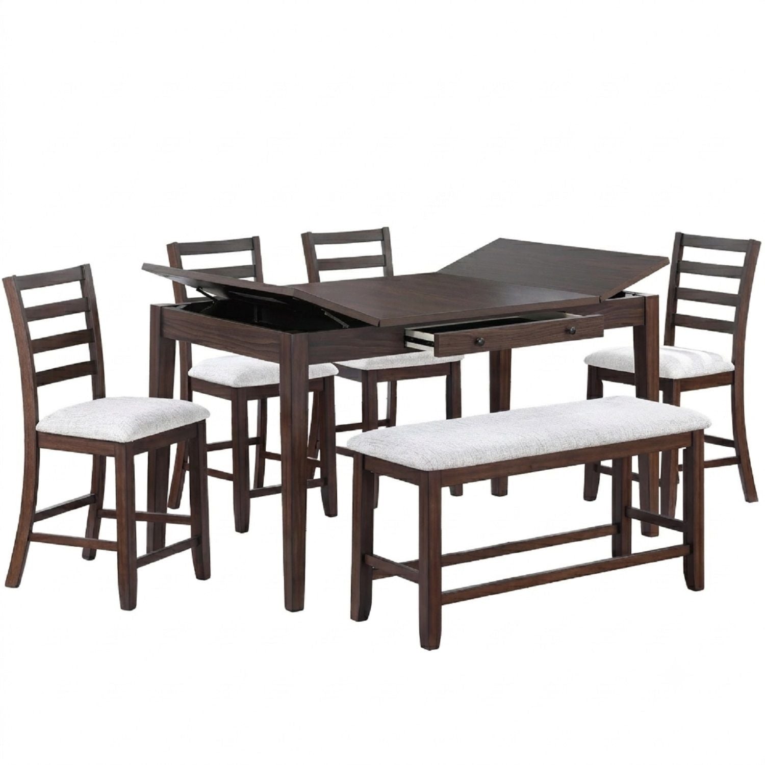 6 Piece Counter Height Dining Set Table With Storage Ladder Back Chairs And Bench - Walnut