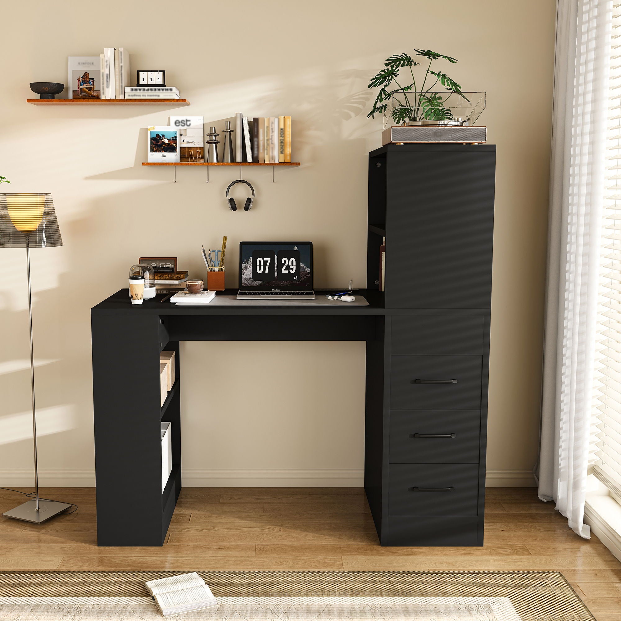Computer Desk With 4 In 1 Socket & 3 Drawers, 4 Tier Shelves
