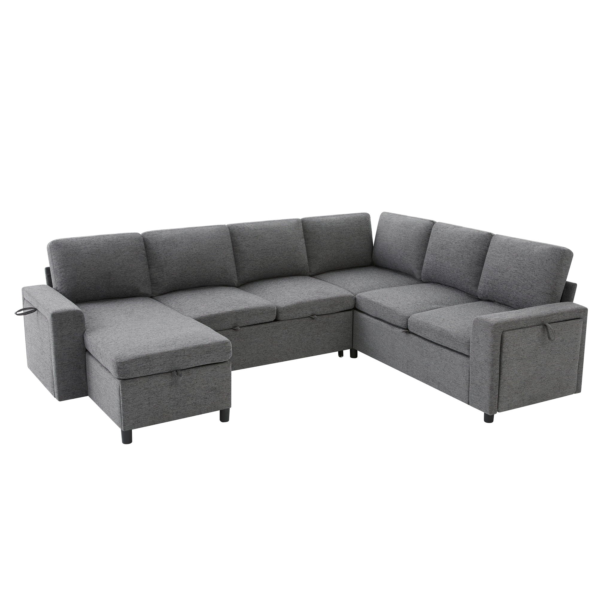 U - Shaped Convertible Sectional Sofa Bed With Storage, USB Charger & Cup Holders