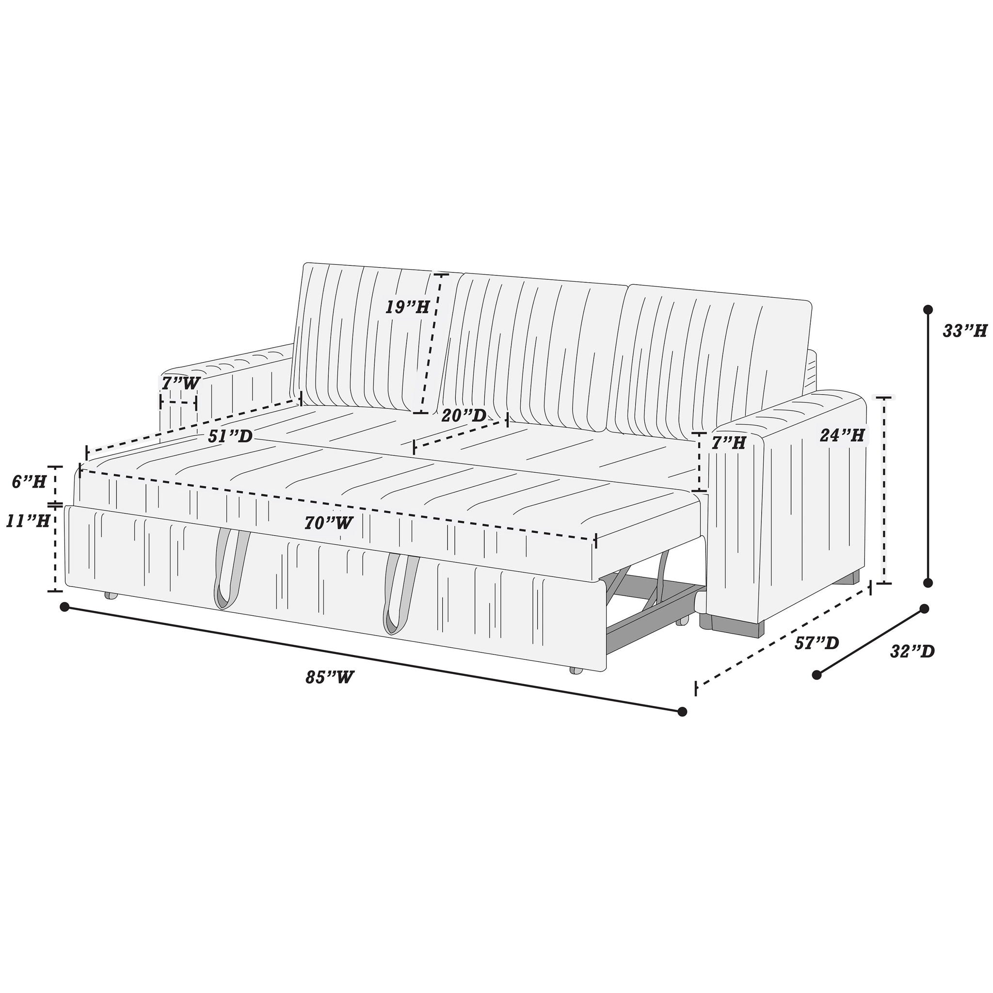 Convertible Sleeper Sofa With Pull Out Bed, Upholstery, Square Arms - Dark Gray