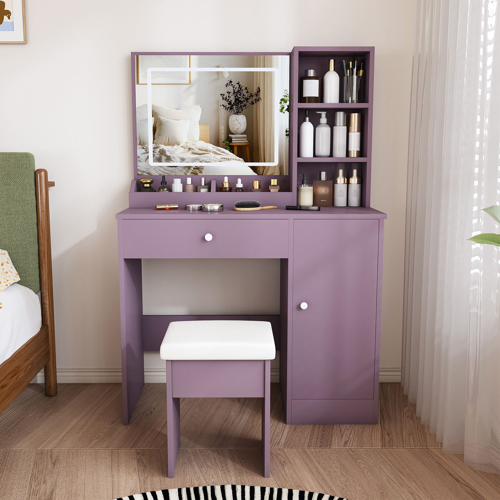 Vanity Desk Set With Padded Stool & Adjustable LED Mirror, 3 Color Mode Lighting, Compact For Bedroom - Purple