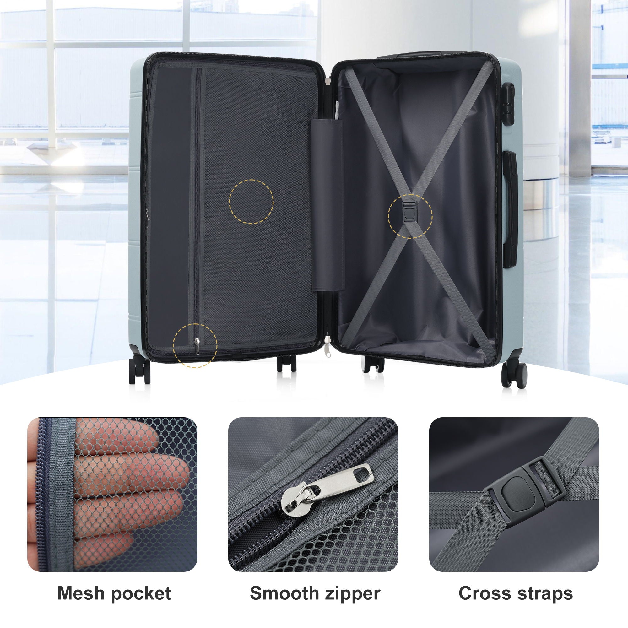 6 Piece Lightweight Hardshell Luggage Set With Double Spinner Wheels, Password Lock