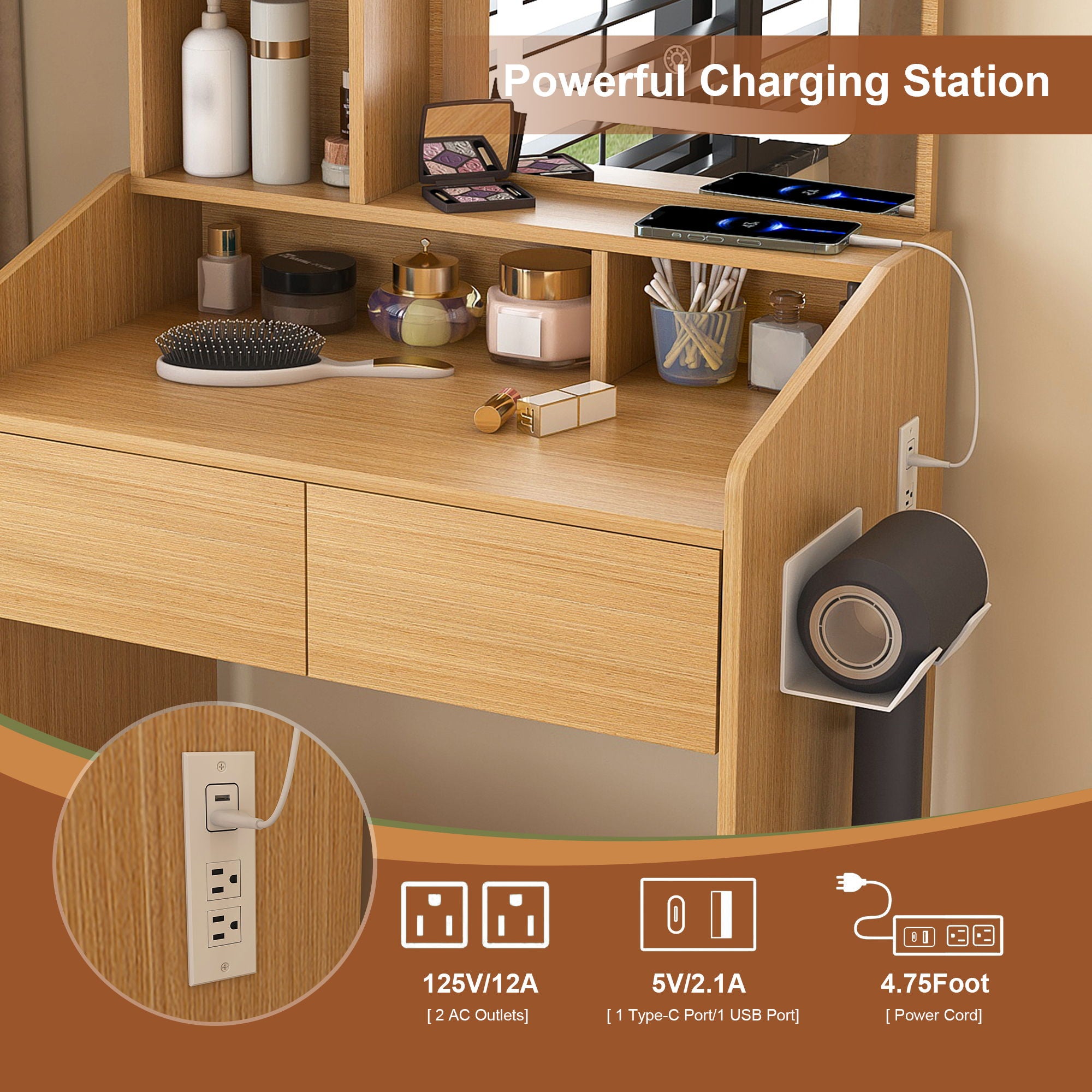 Vanity Table With LED Mirror, Power Outlet, Hairdryer Holder & Padded Stool, Compact Dressing Desk For Small Bedrooms - Wood