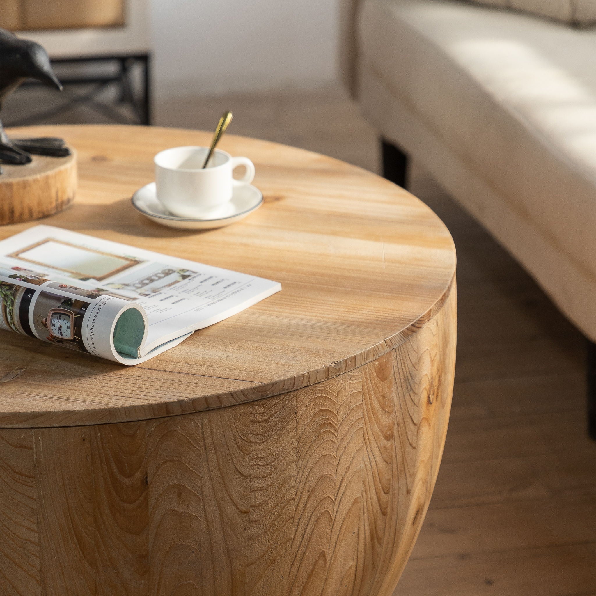Barrel Coffee Table With Storage For Living Room - Natural