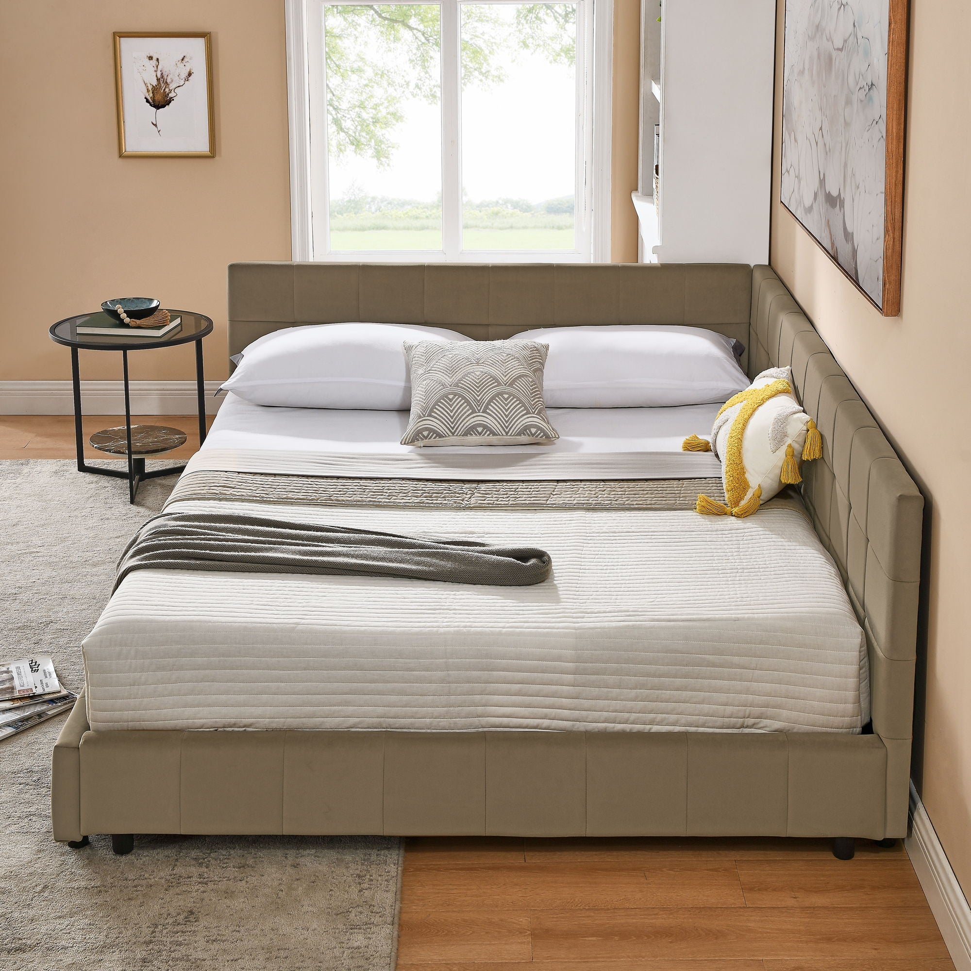 Storage Upholstered Tufted Bed Frame With Backrest And Armrests